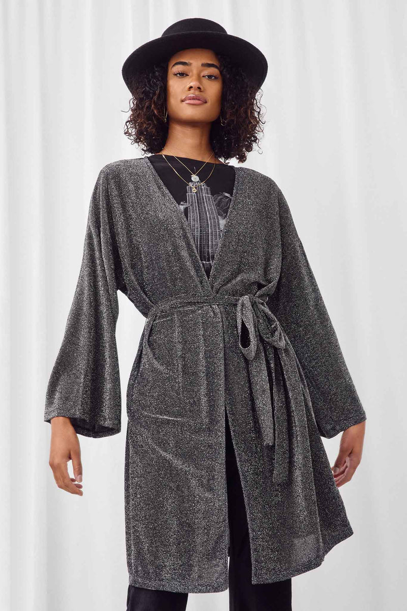 H11011 BLACK Womens Sparking Wrap Kimono Front