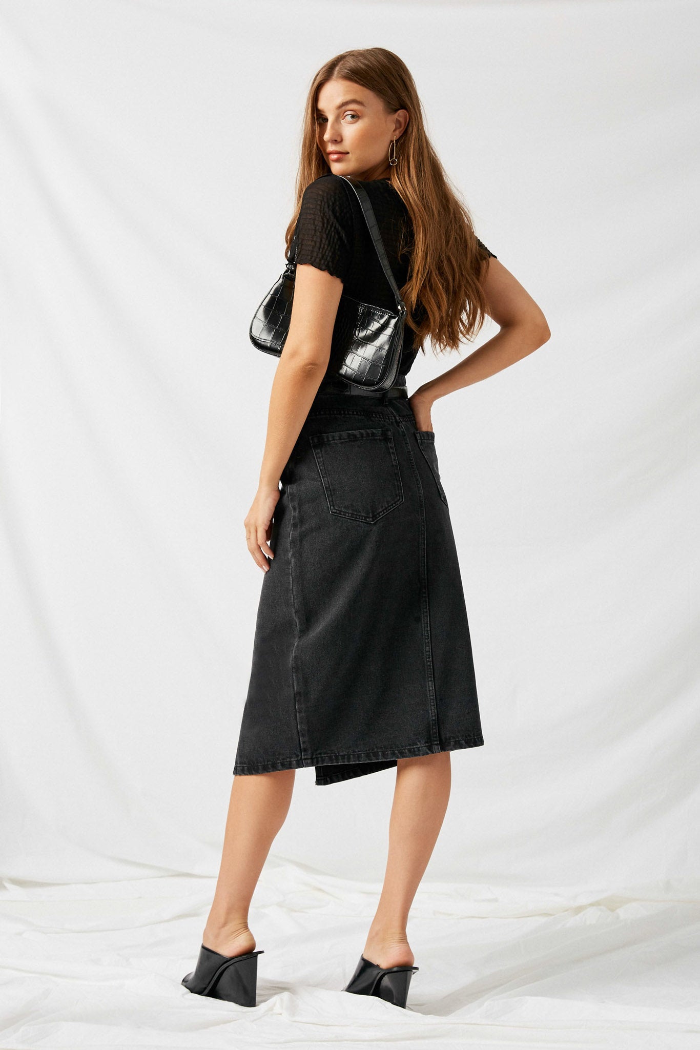 H11044 Black Denim Denim Midi Pencil Skirt Side
