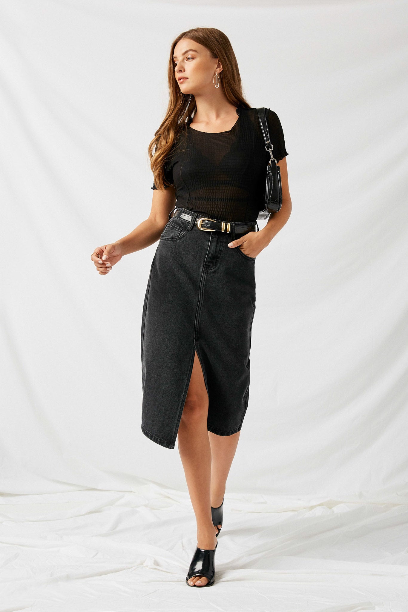 H11044 Black Denim Denim Midi Pencil Skirt Full Body