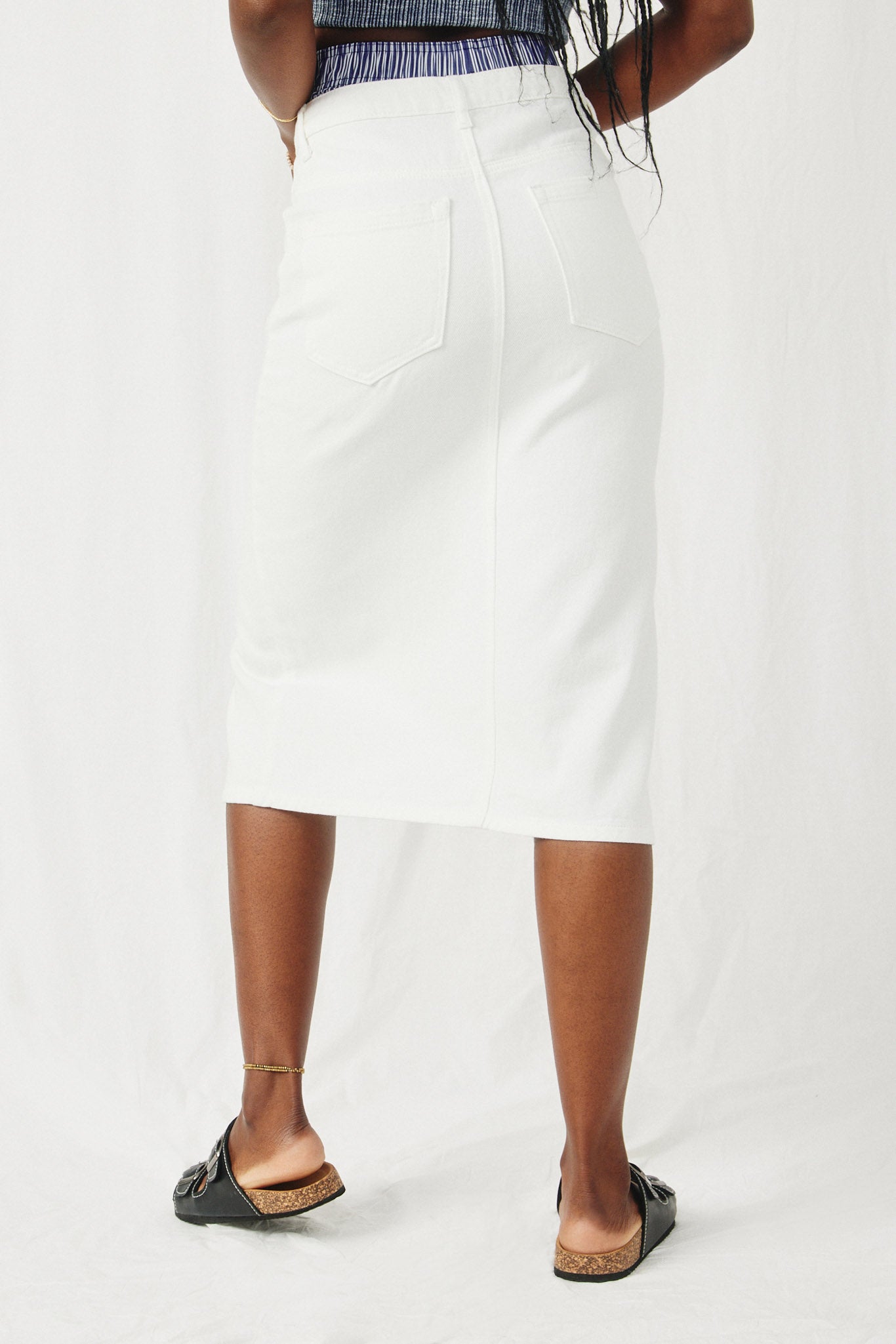H11044 White_Denim Womens Denim Midi Pencil Skirt Back