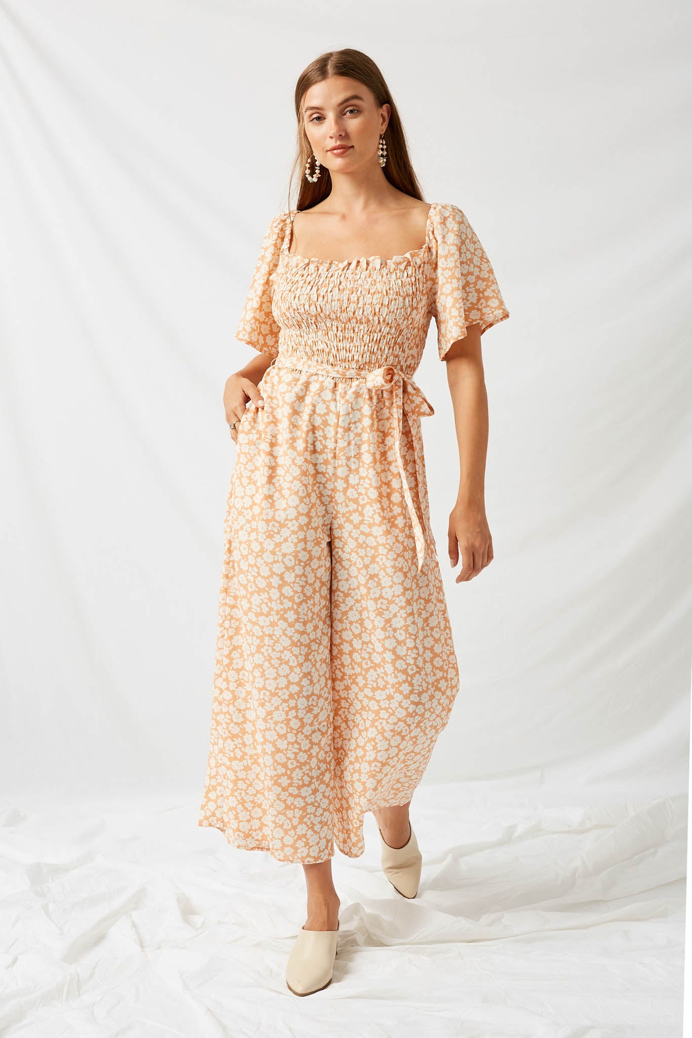 H11091 Apricot Floral Palazzo Jumper Front