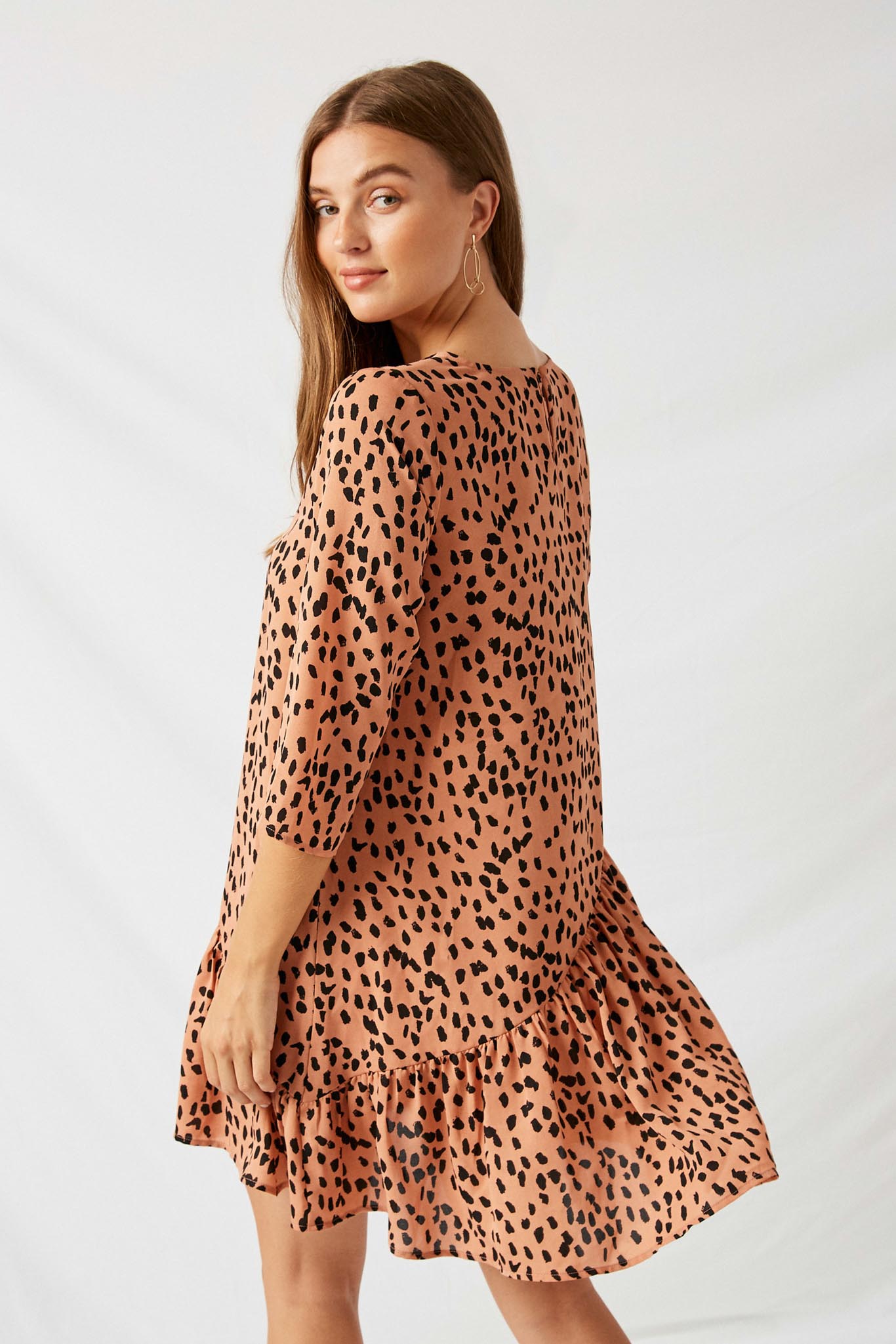 H4382 Salmon Asymmetrical Dotted Swing Dress Back