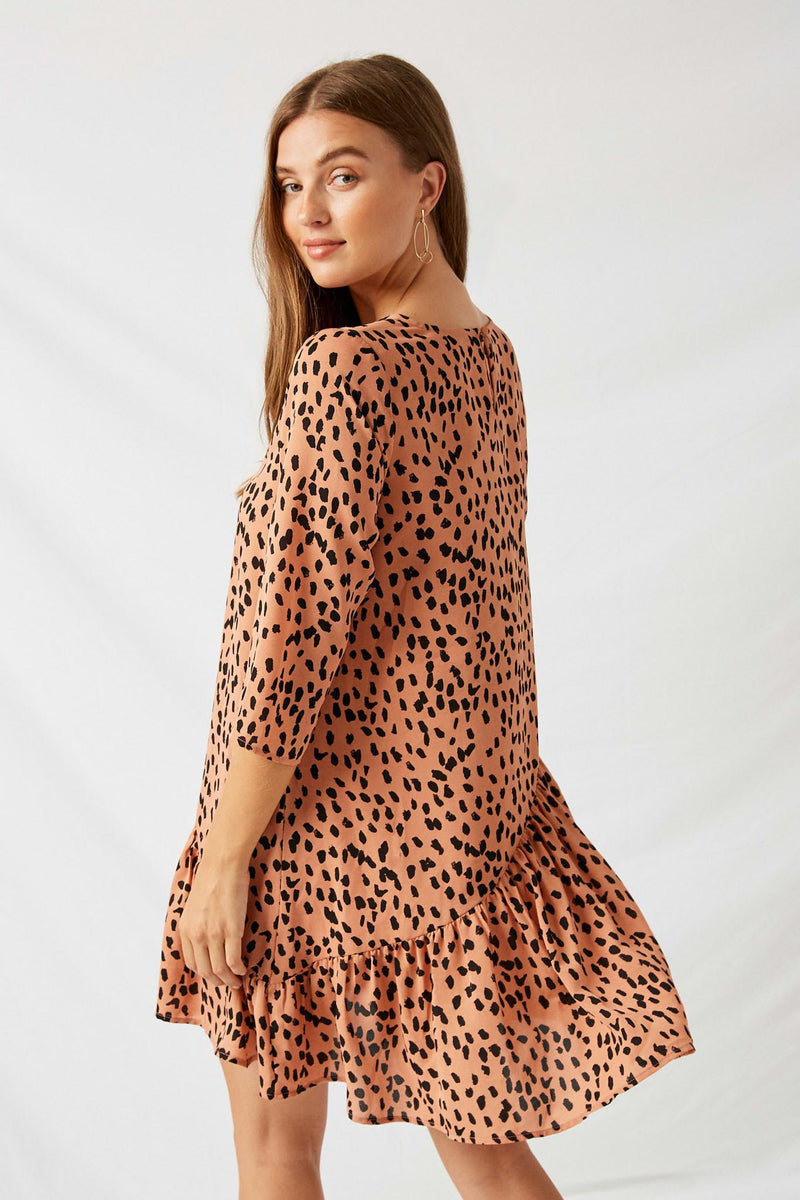 H4382 Salmon Asymmetrical Dotted Swing Dress Back