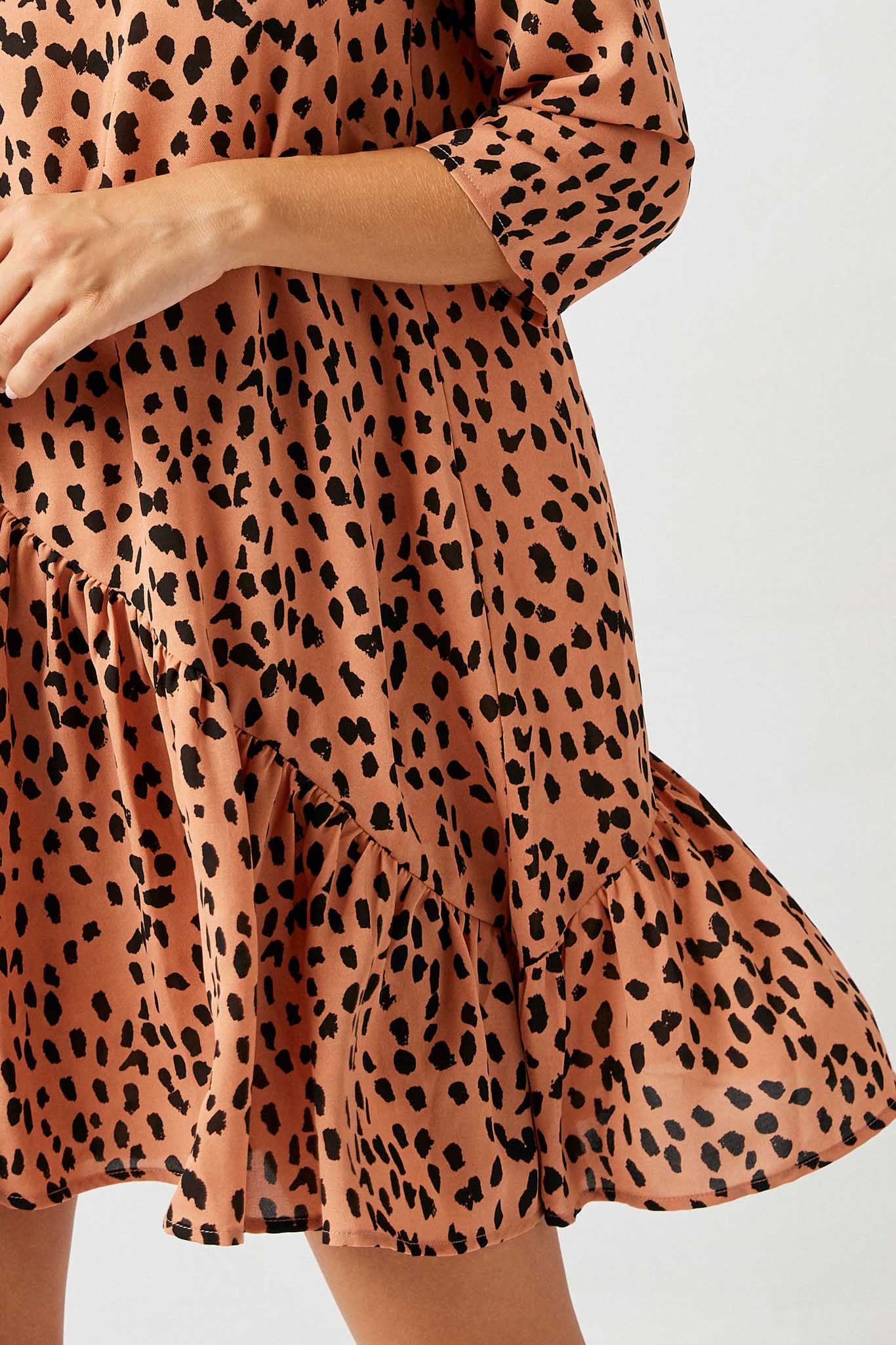 H4382 Salmon Asymmetrical Dotted Swing Dress Detail