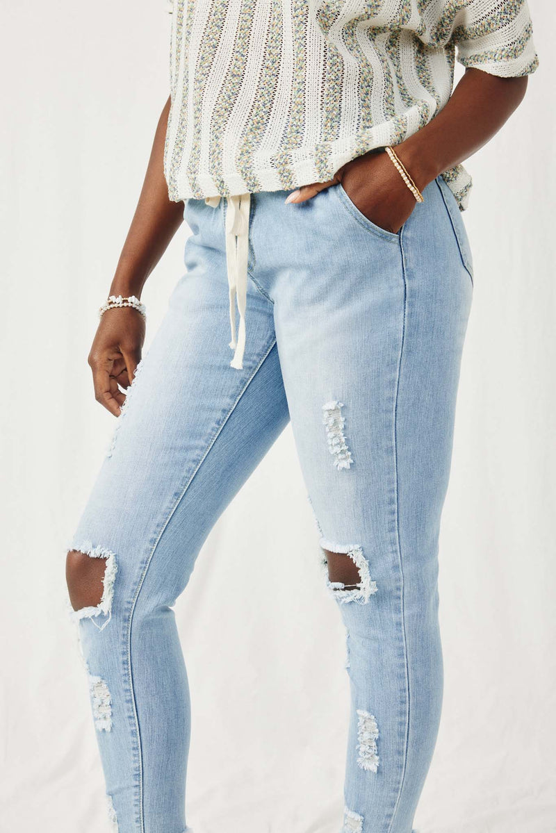 H6423 Womens Distressed Drawstring Denim Jeans Detail
