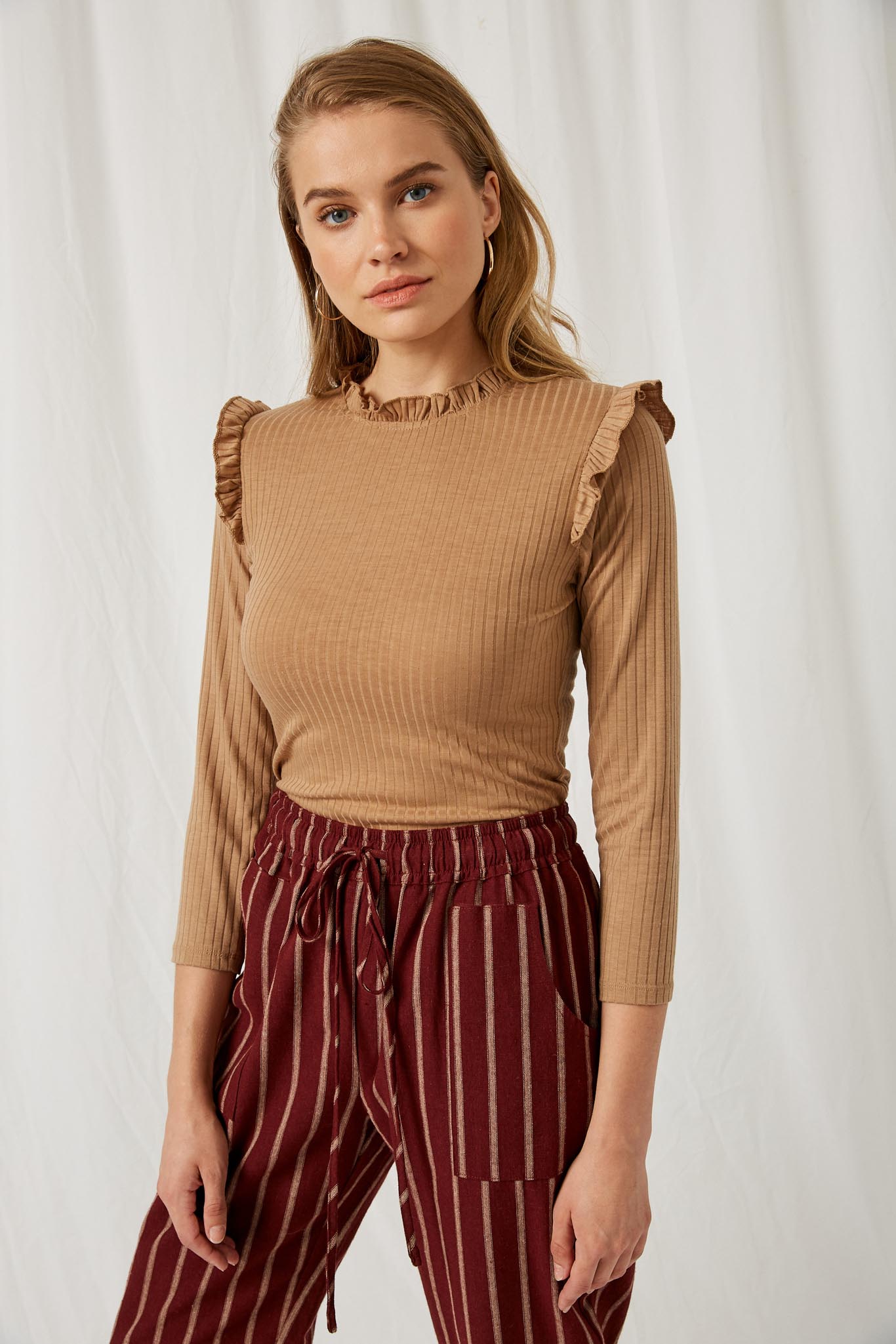 H6452 Taupe Womens Ribbed Ruffle Mock Neck Top Alternate Front