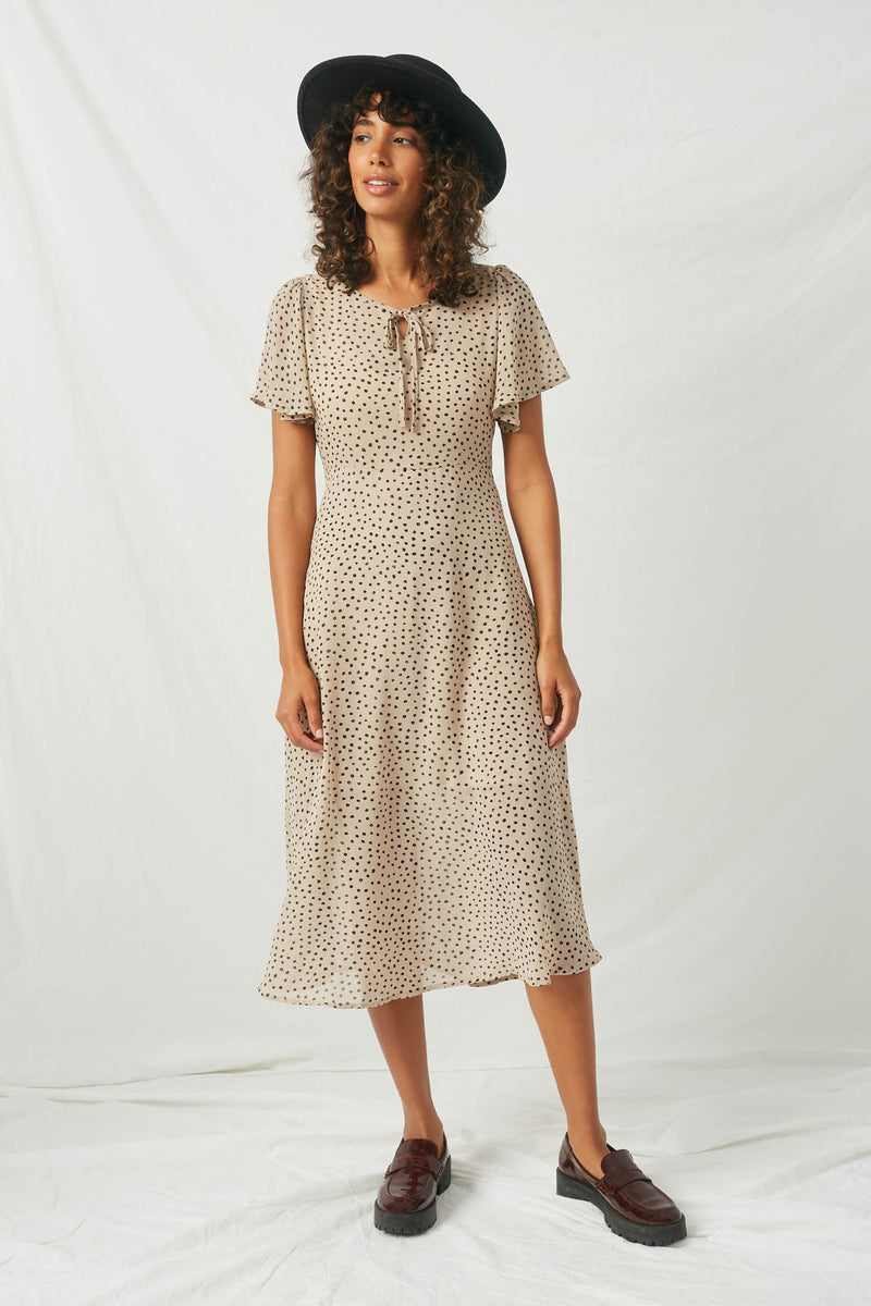 H6853 Tan Womens Dotted Midi Swing Dress Full Body