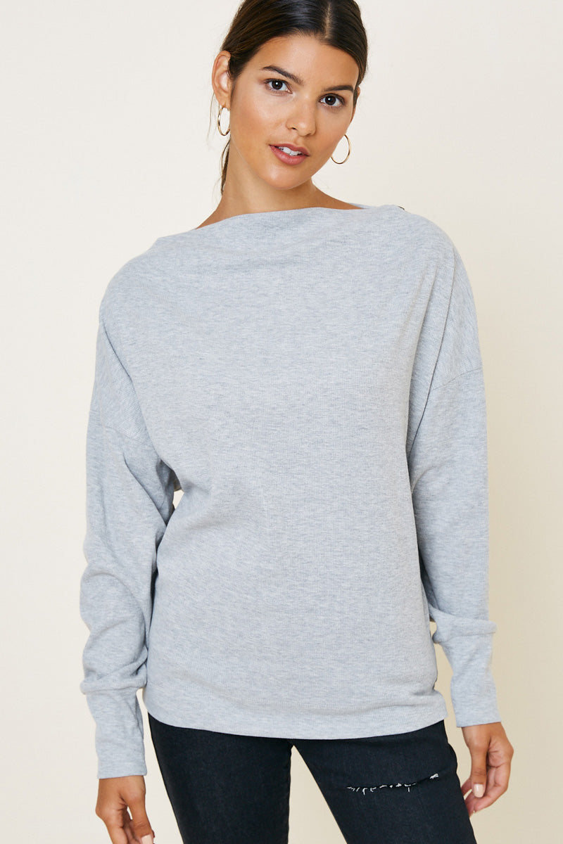 H8048 Heather Grey Womens Ribbed Side-Zip Knit Top Front