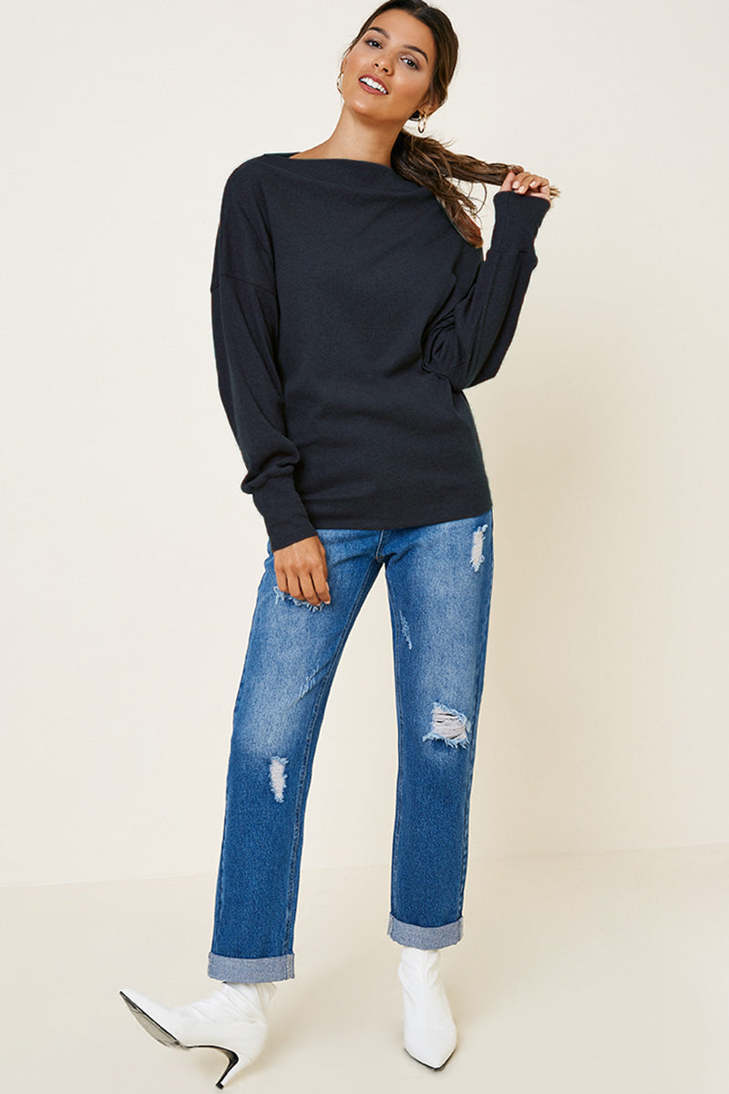 H8048 Navy Womens Ribbed Side-Zip Knit Top Full Body