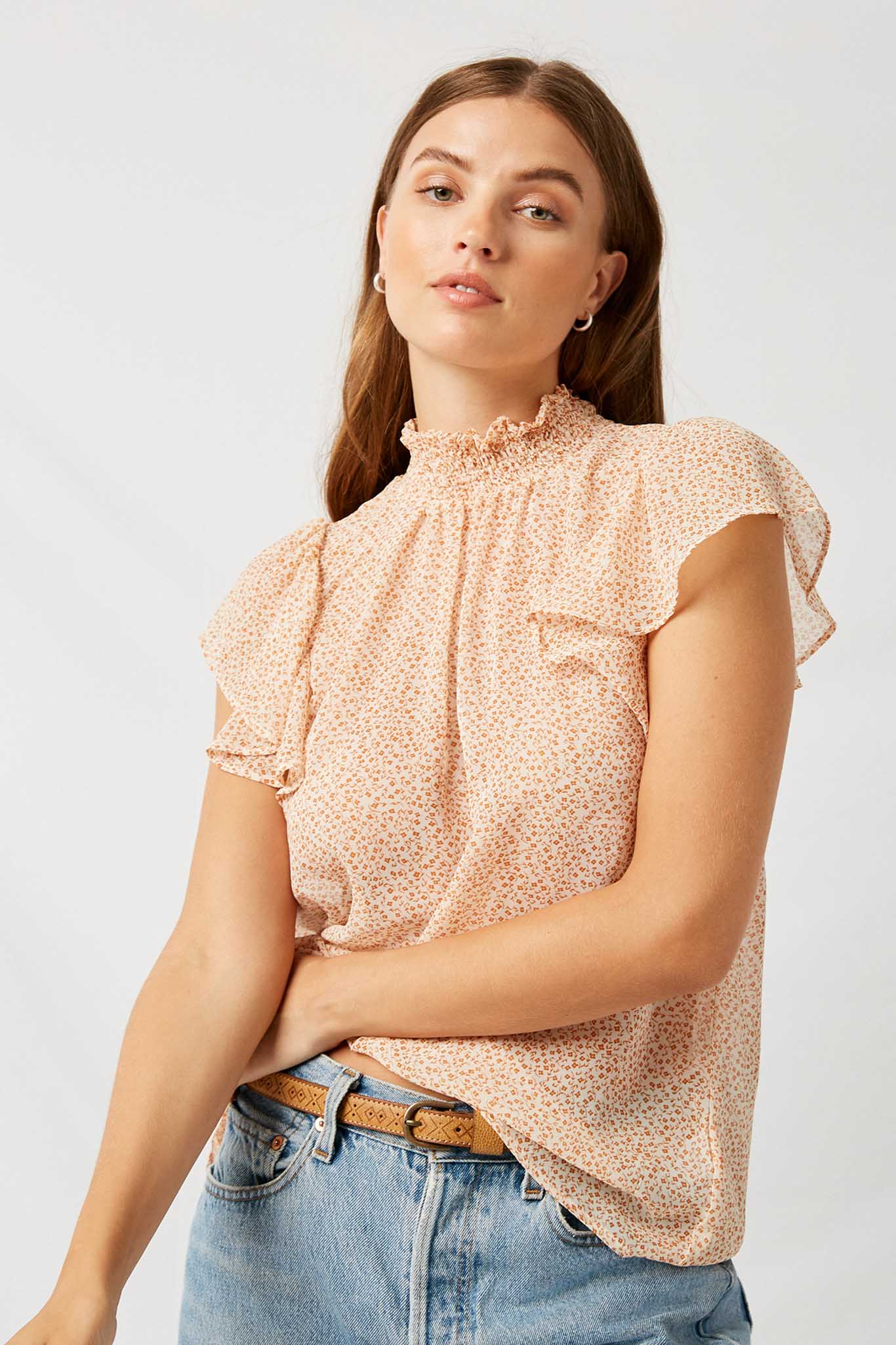 H8174 Caramel Floral Smock Neck Blouse Front