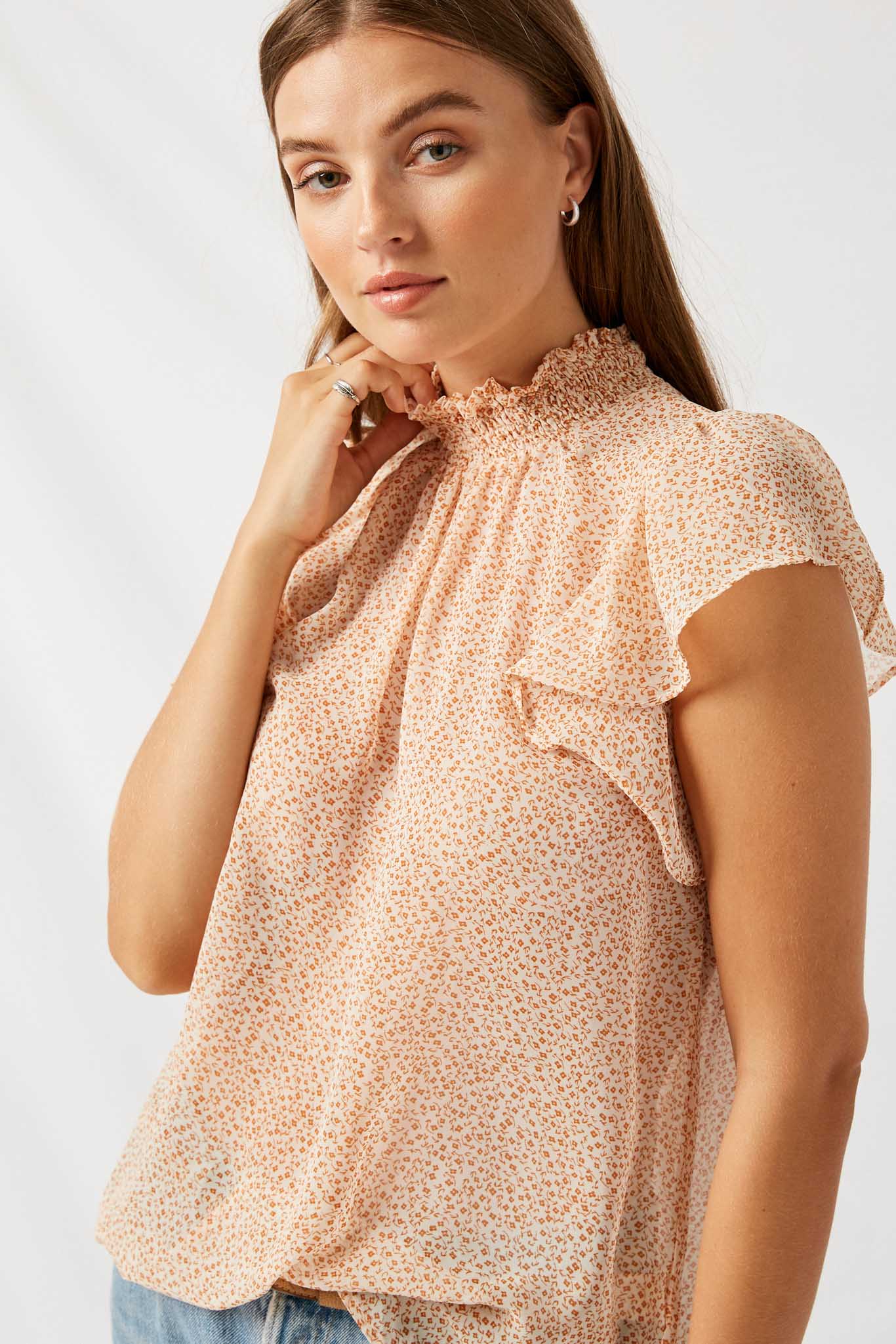 H8174 Caramel Floral Smock Neck Blouse Detail