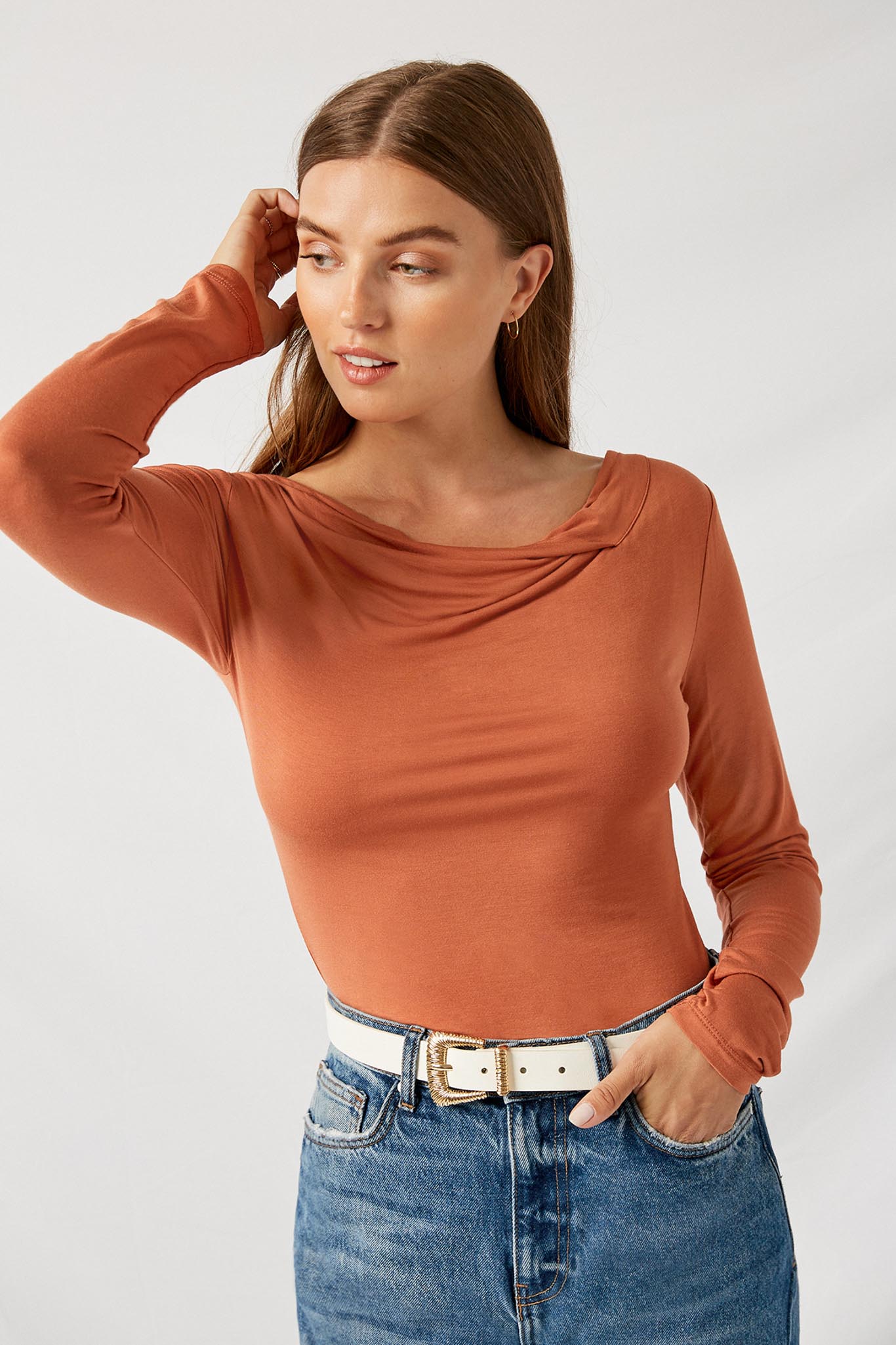 H8207 Chai Knit Cowl Neck Top Front
