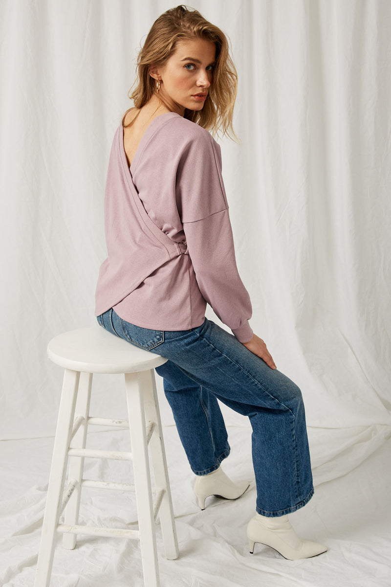 H9062 Lavender Womens Belted Wrap Sweatshirt Top Pose