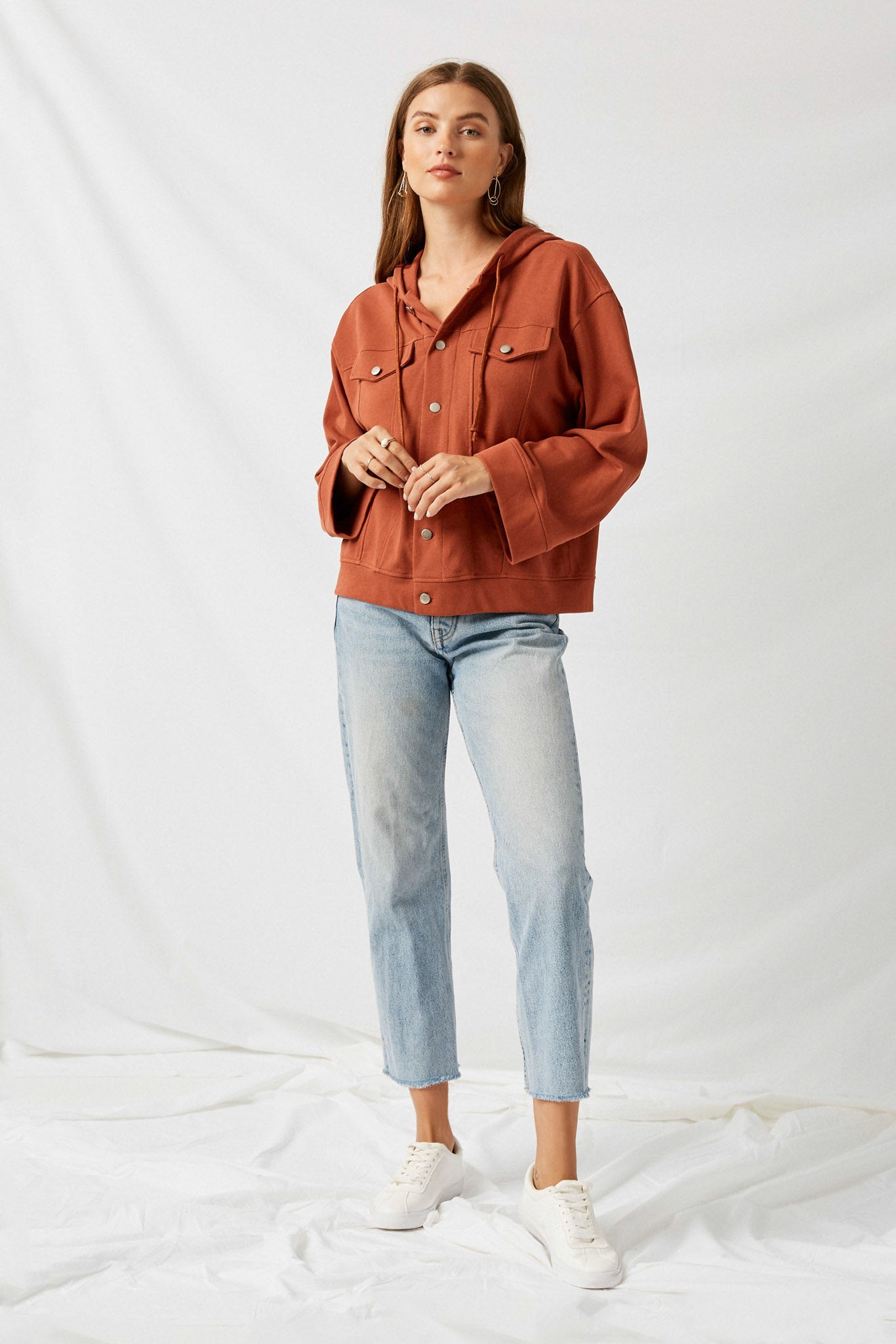 H9063 Rust Hooded Button Up Cargo Sweatshirt Side
