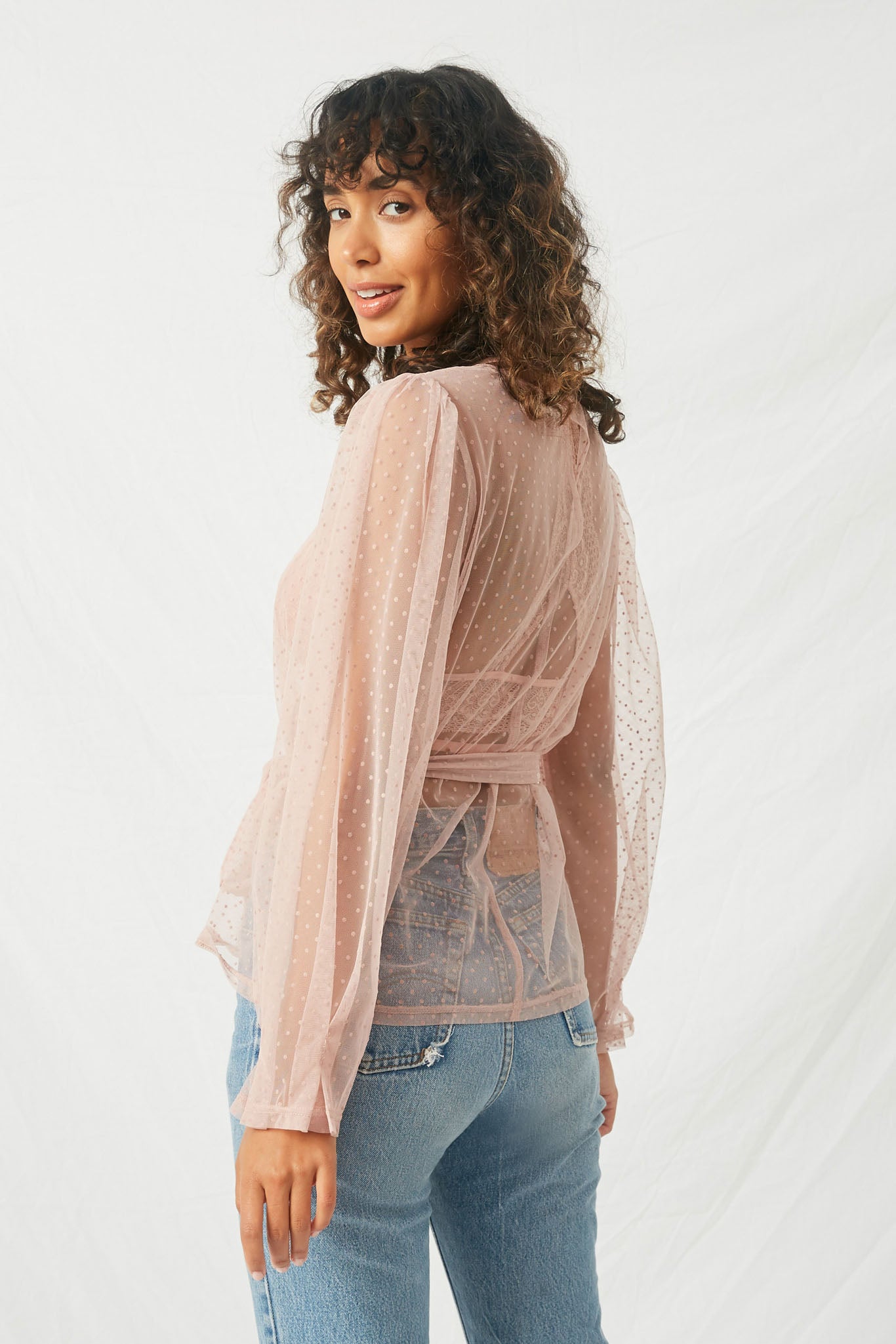 H9171 Blush Womens Belted Tulle Lace Top Back