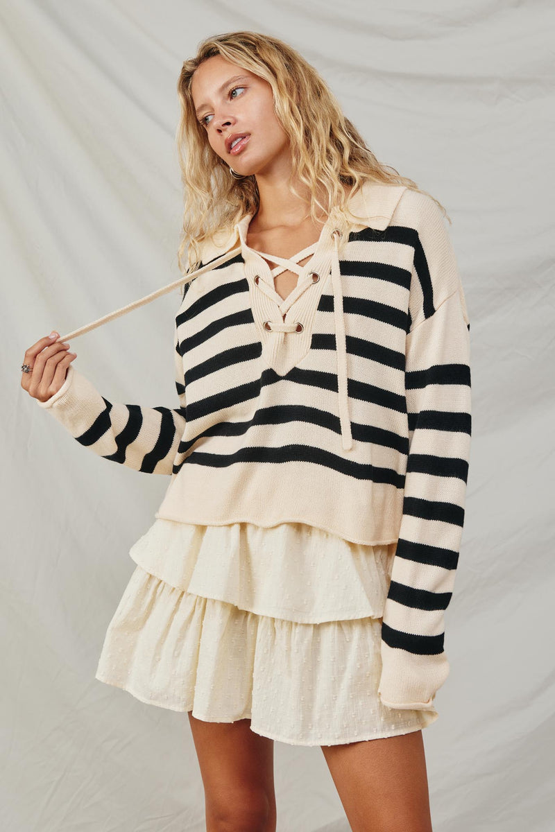 HB0006 Cream Womens Lace Up Collared Striped Sweater Front