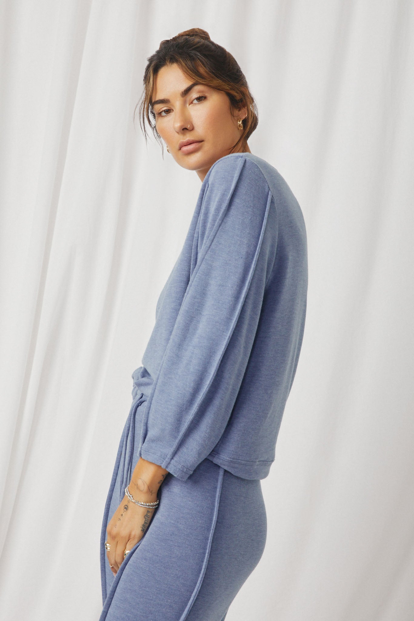 HDN4096 Denim Womens Seam Detail Long Sleeve Brushed Terry Top Side