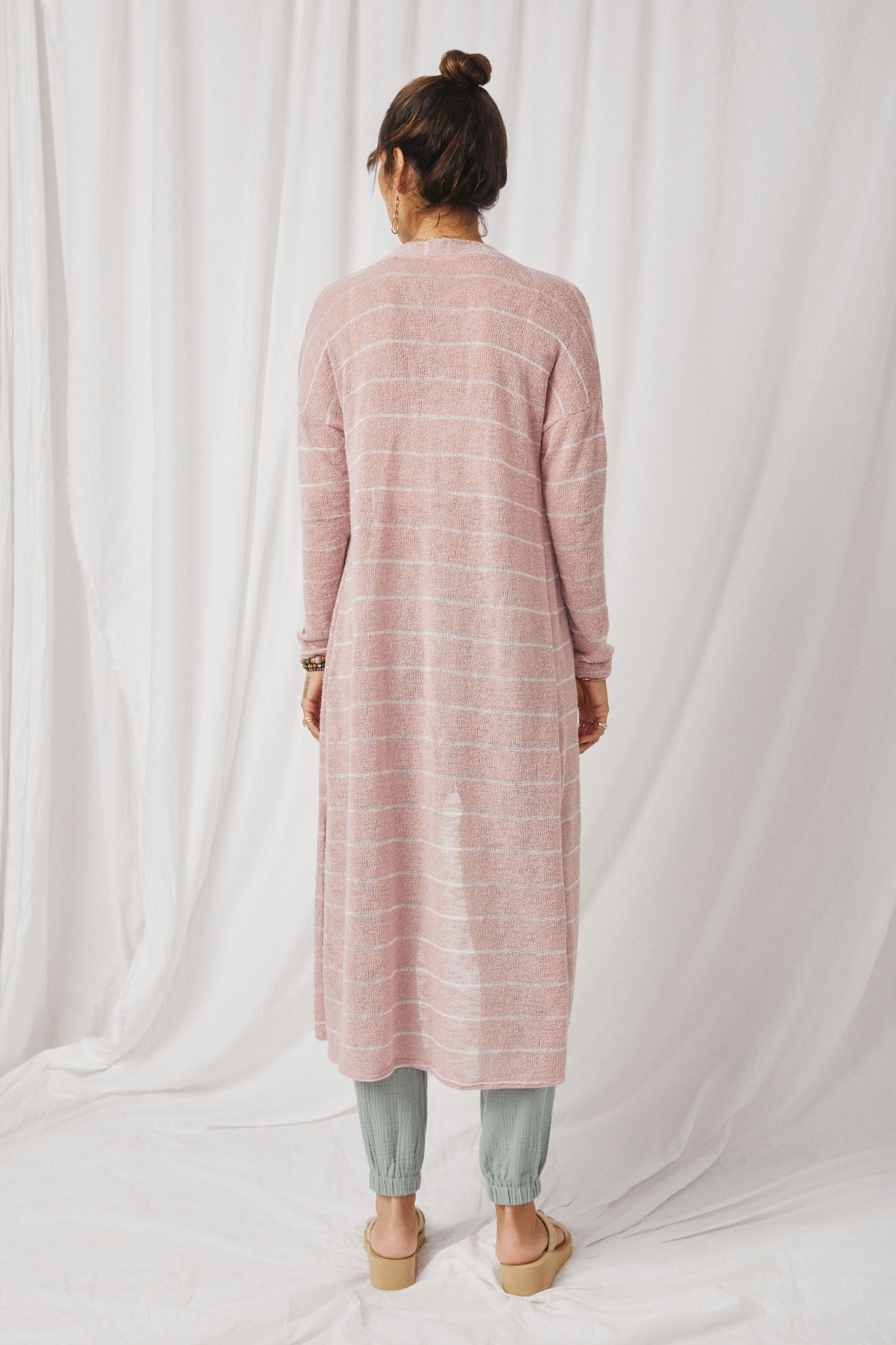 HDY7116 Mauve Womens Loose Knit Striped Open Duster Back