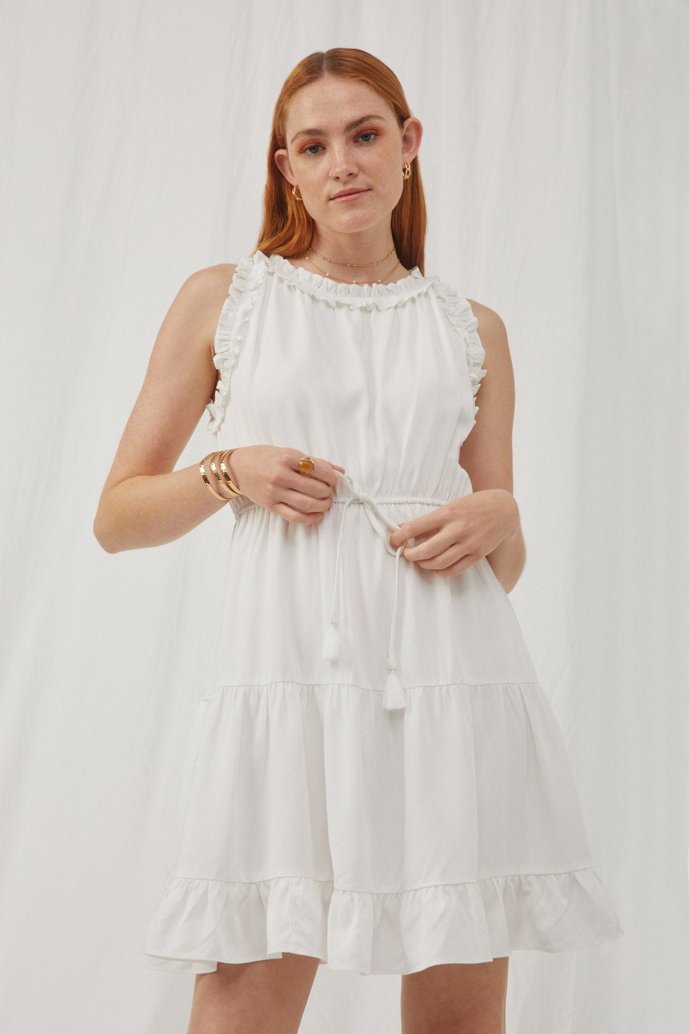 HE1001 Ivory Womens Ruffle Detailed Tassel Waist Tank Dress Front