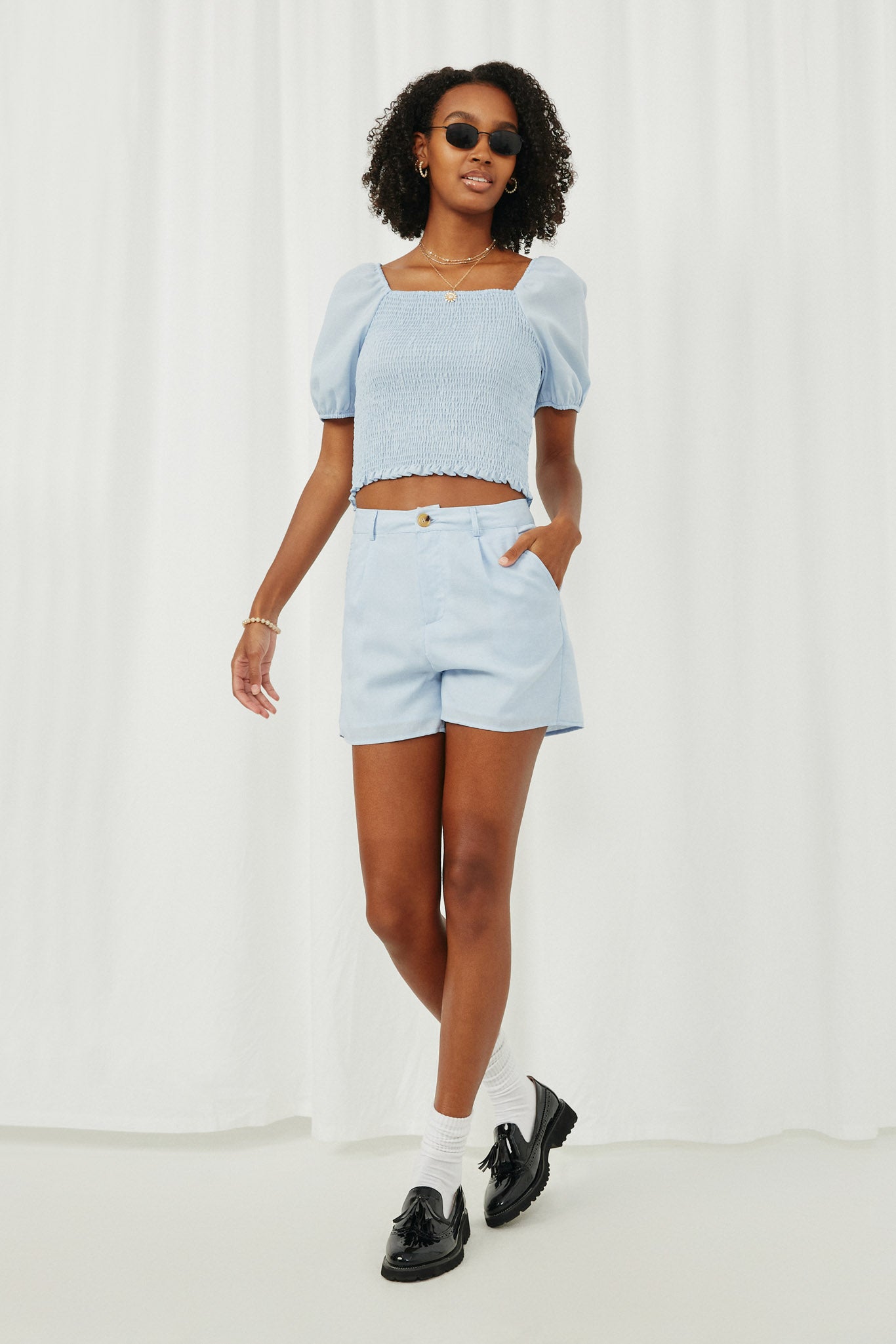 HE1017 Blue Womens Buttoned Detail Trouser Shorts Full Body