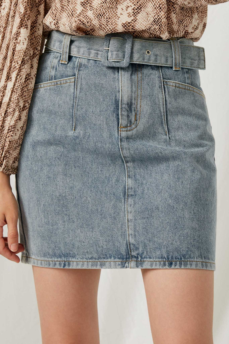 HJ1081 Light Blue Womens Belted Denim Skirt Front