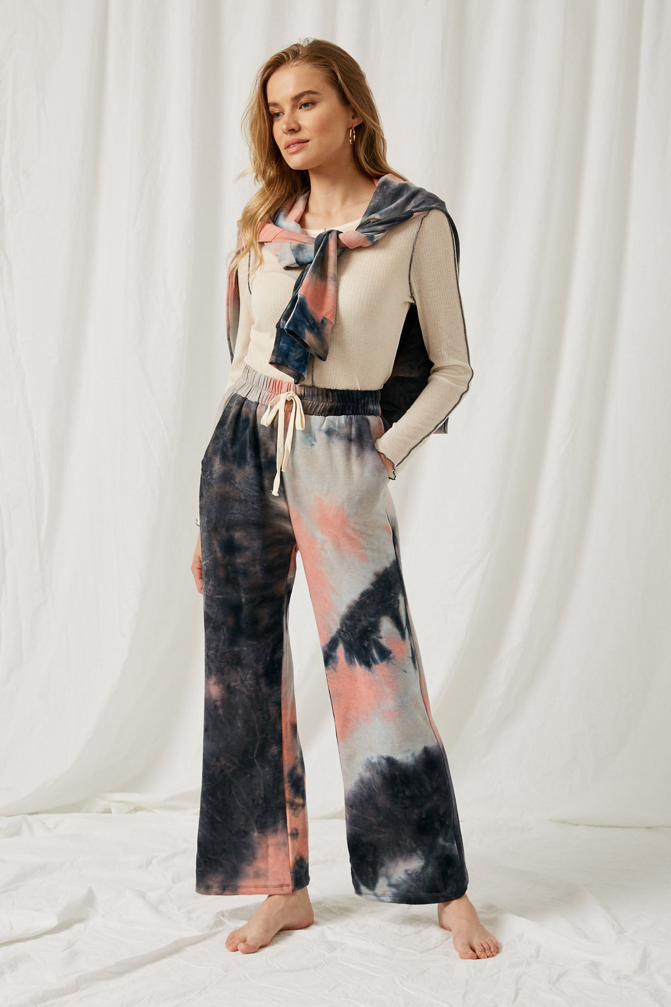 HJ1191 Charcoal Womens Tie Die Wide Leg Knit Pants Full Body