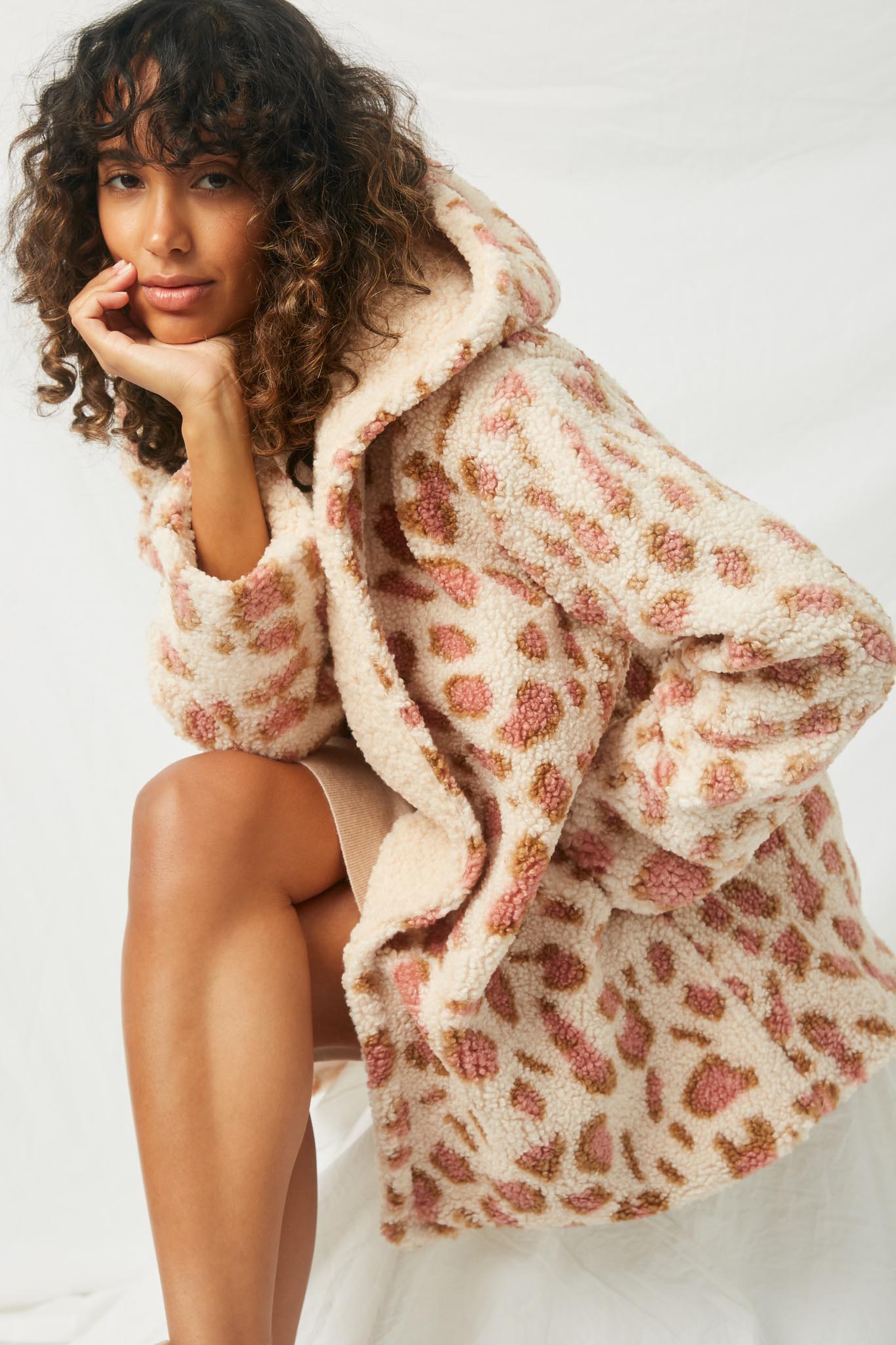 HJ1224 Ivory Mix Womens Leopard Sherpa Jacket Pose