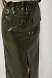 HJ1277 Olive Womens PU High Waist Paper Bag Skirt Close Up