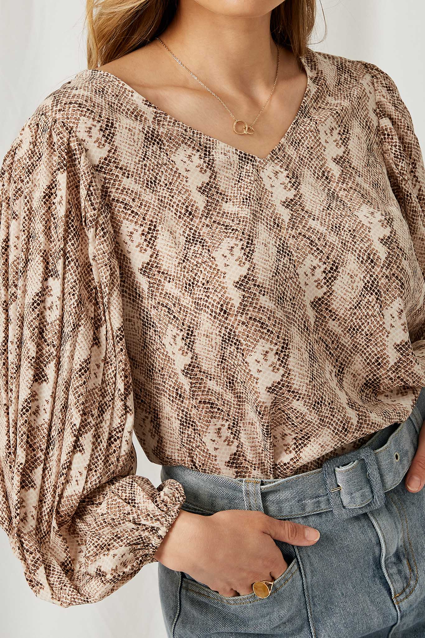 HJ1325 Brown M Brown Womens Pleated Sleeve Snake Print Top Detail