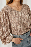HJ1325 Brown M Brown Womens Pleated Sleeve Snake Print Top Detail