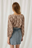 HJ1325 Brown L Brown Womens Pleated Sleeve Snake Print Top Back
