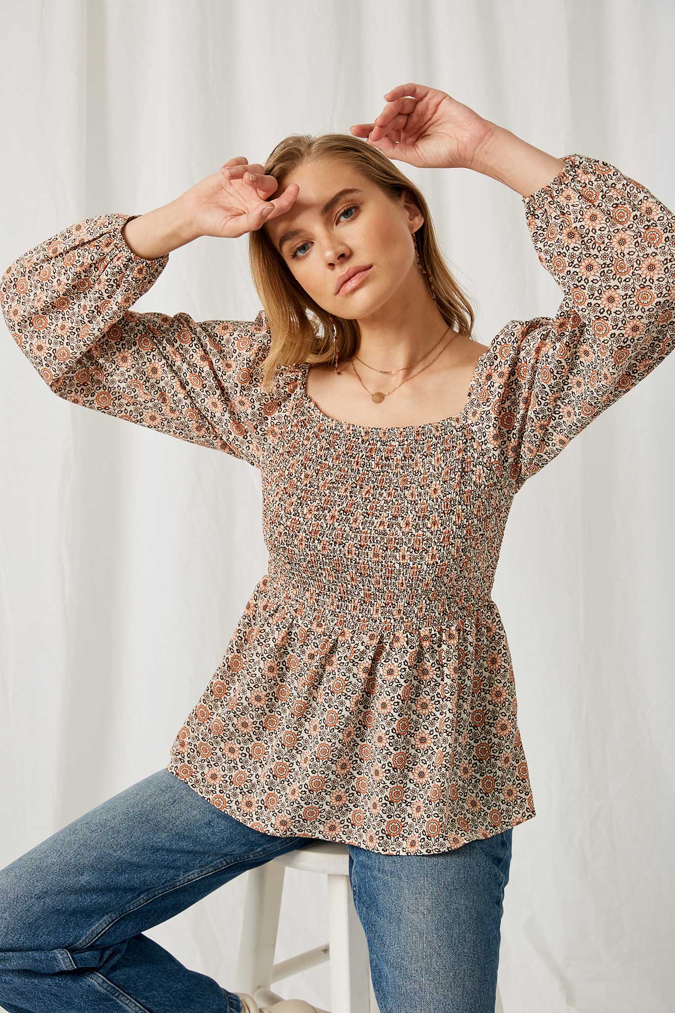 Puff Sleeve Smocked Peplum Top