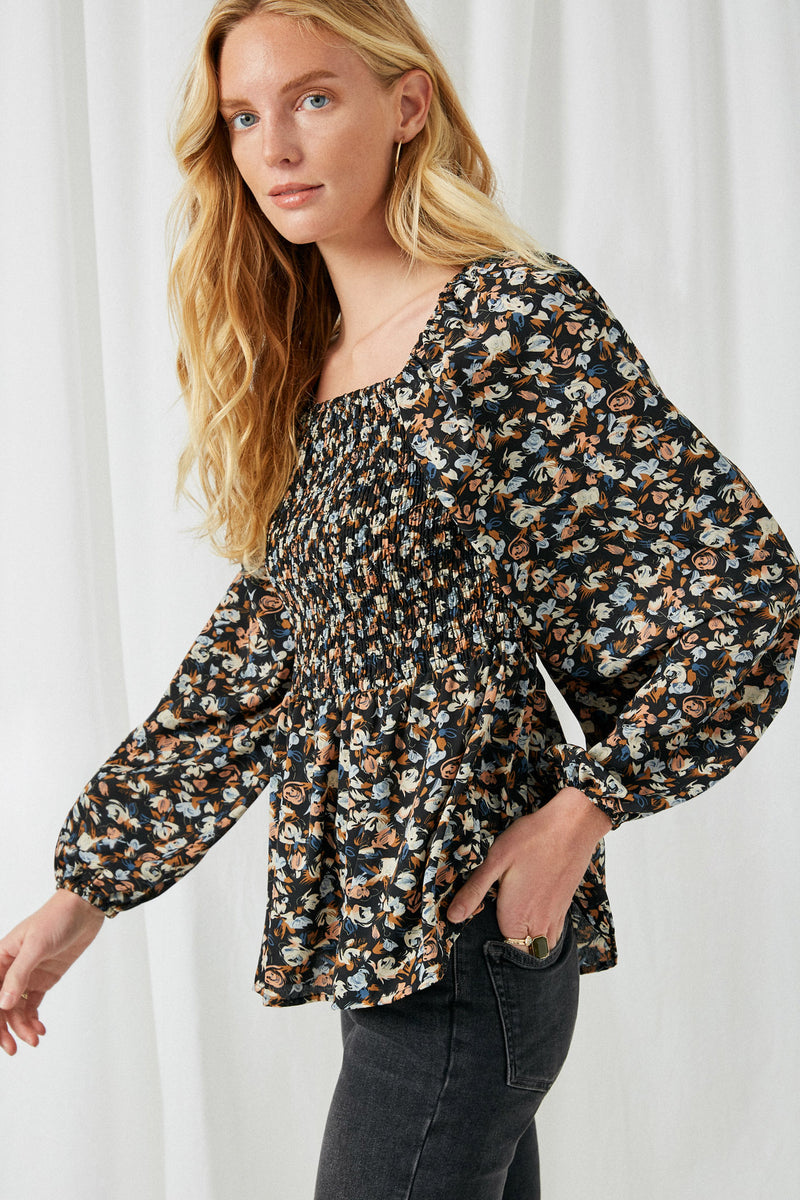 HJ3124 Black Womens Square Neck Smocked Long Sleeve Top Side