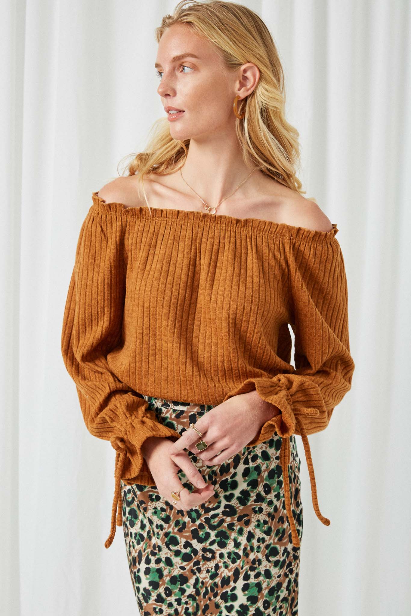HJ3149 Mustard Womens Ribbed Off Shoulder Tie Sleeve Detail Top Full Body