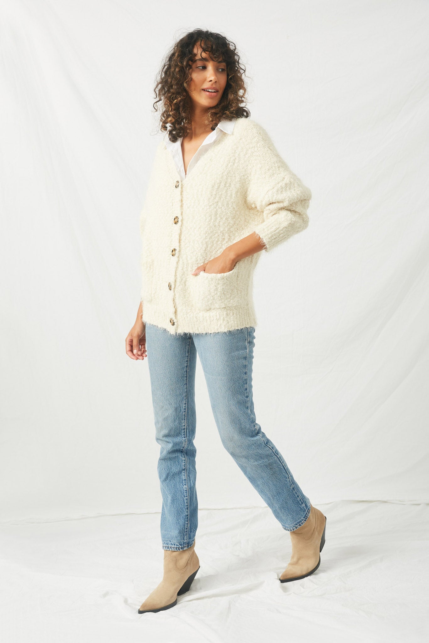 HJ3163 Cream Womens Fuzzy  Popcorn Sweater Knit Cardigan-Fulll Body