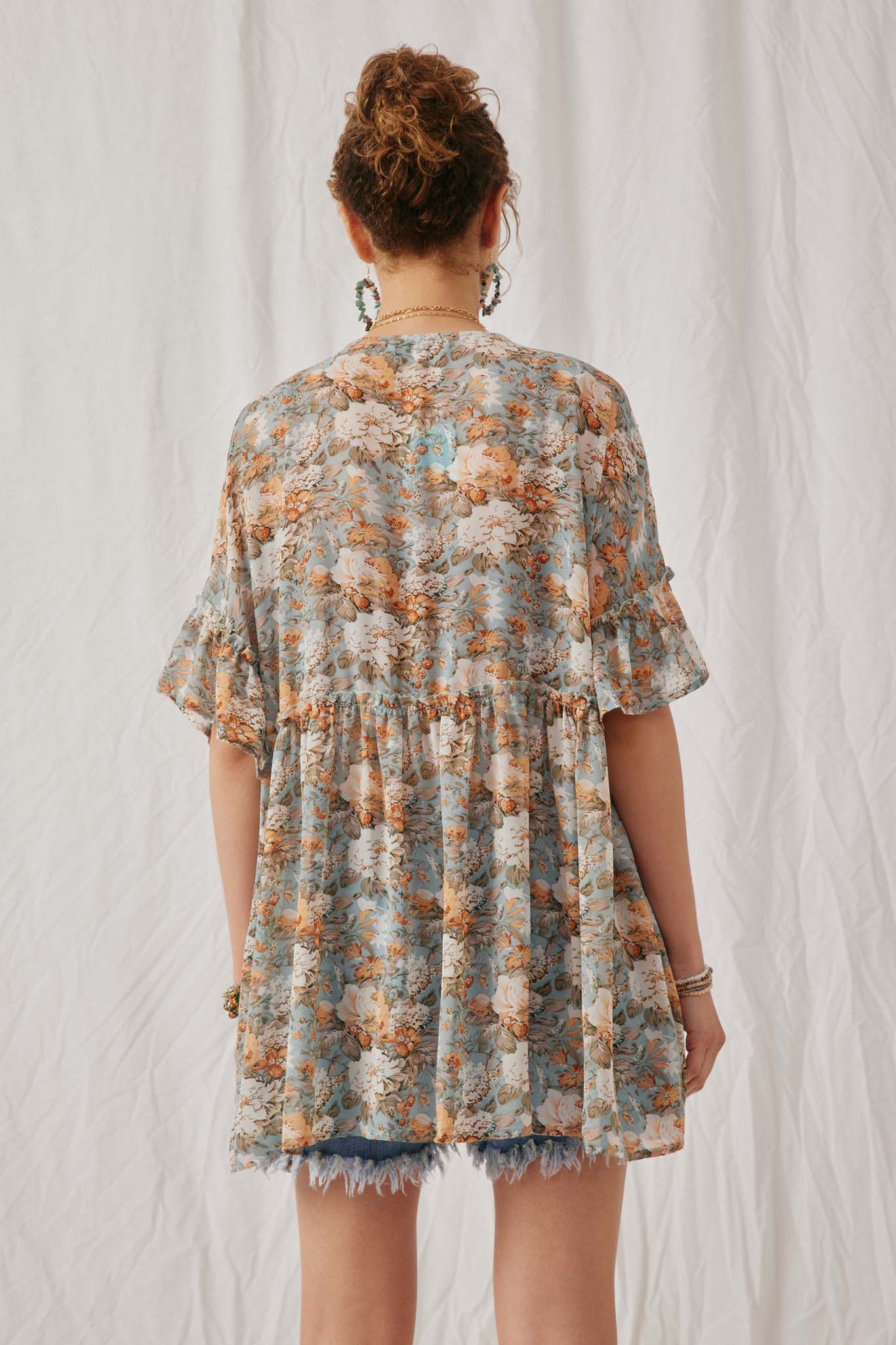 HJ3266 Mint Womens Ruffled Sleeve Floral Print Open Kimono Back