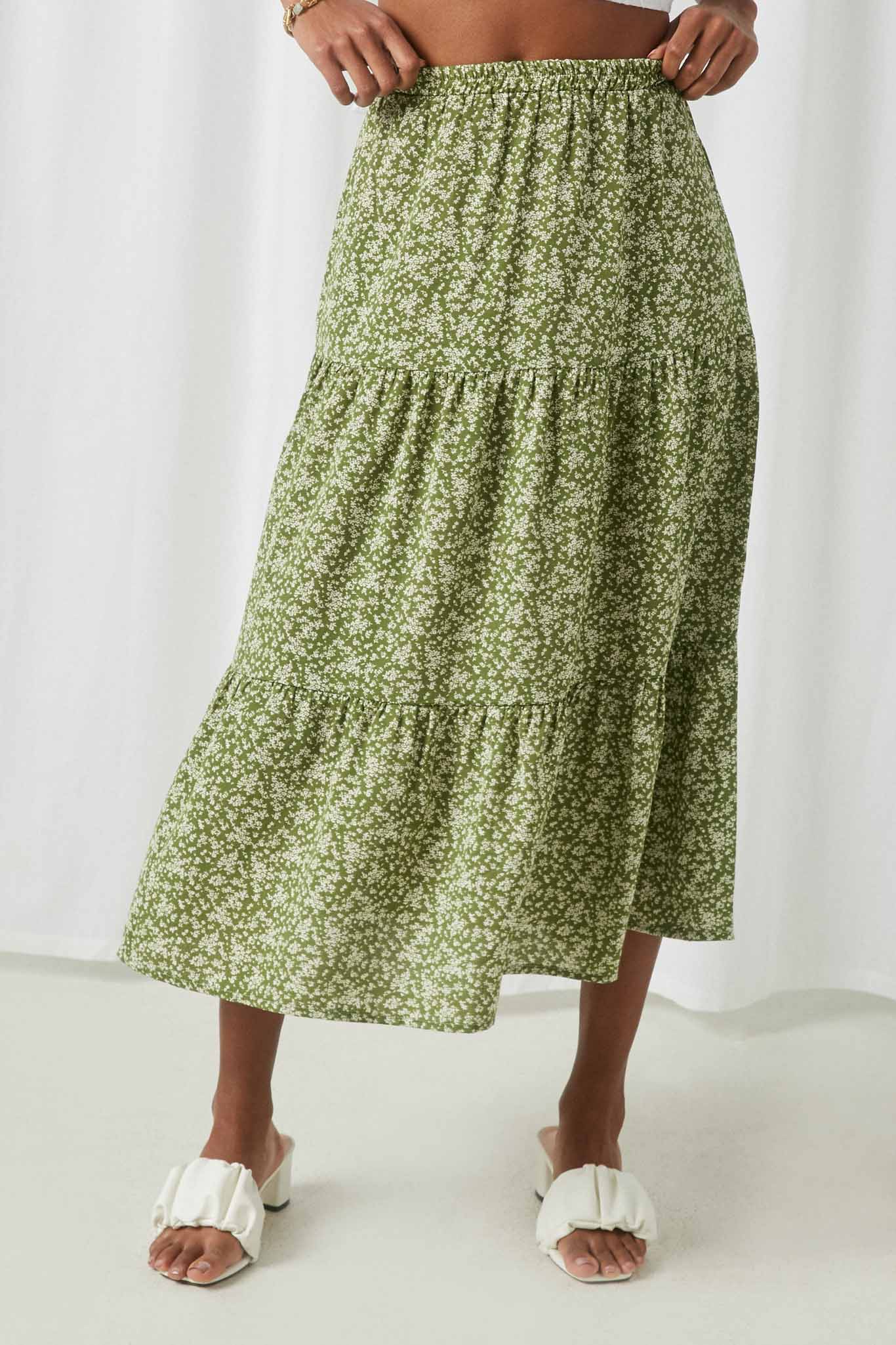 HJ3287 Olive Womens Ditsy Floral Tiered Midi Skirt Front