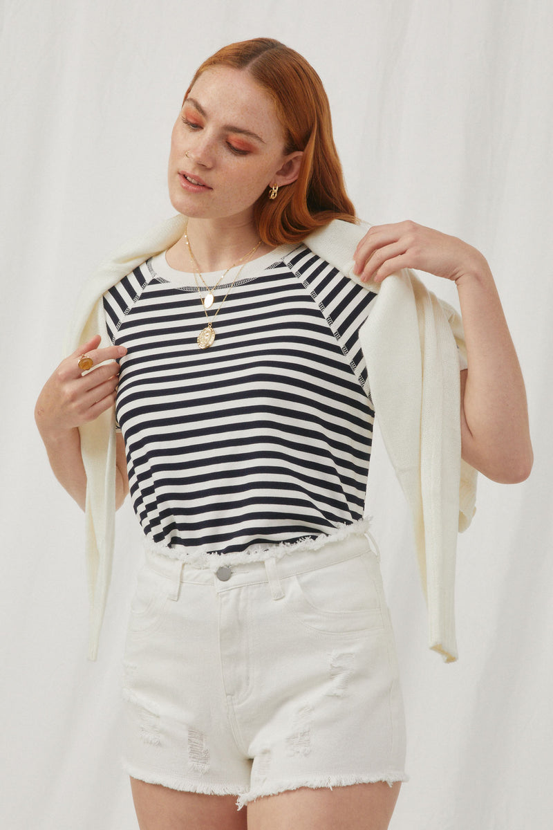 HJ3414 Navy Womens Banded Knit Stripe Raglan Tee Pose