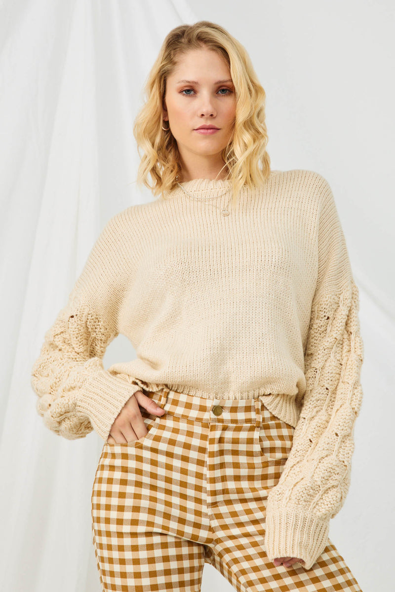 HJ3476 IVORY Womens Puffy Textured Sleeve Pullover Sweater Front