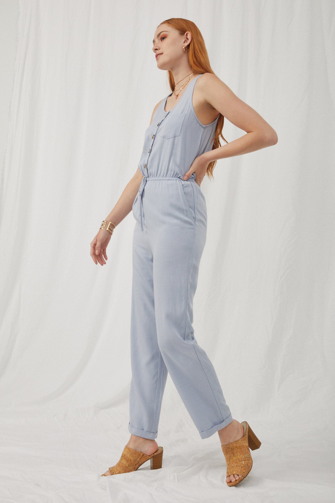 HK1012 Blue_Mix Womens Drawstring Waist Button Detail Tank Jumpsuit Side