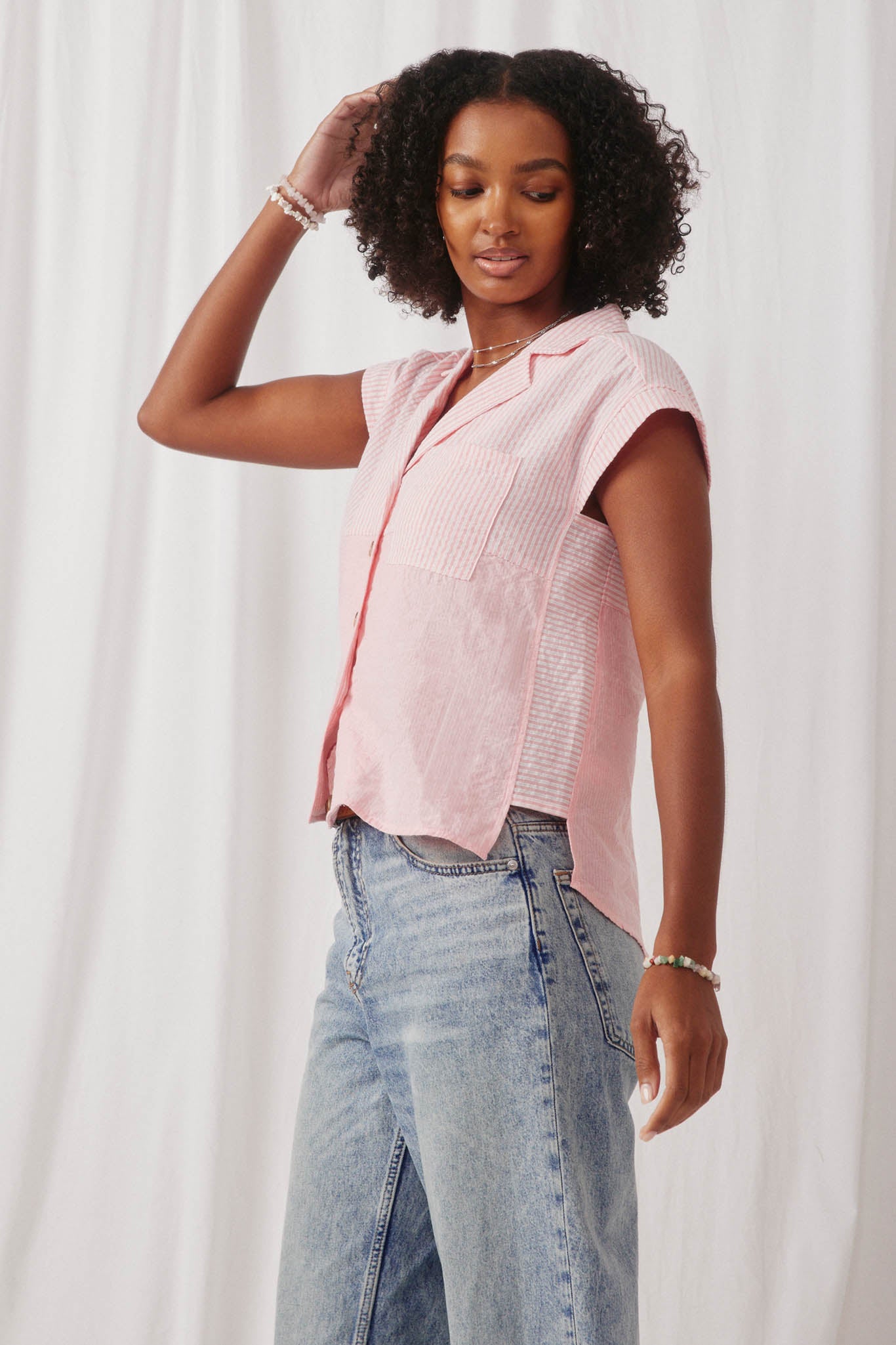 HK1030 Pink Womens Contrast Striped Sleeveless Collared Shirt Side