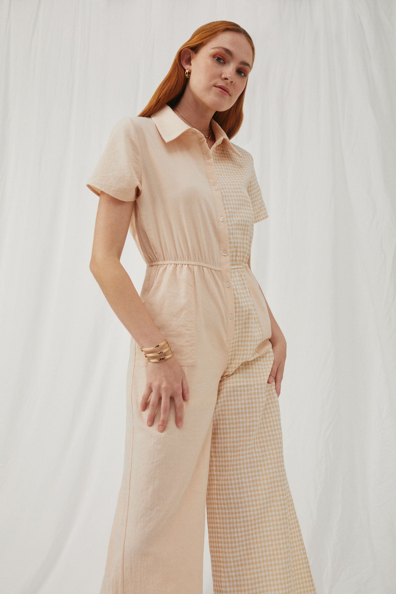 HK1035 Beige Womens Print Block Collared Button Up Jumpsuit Side