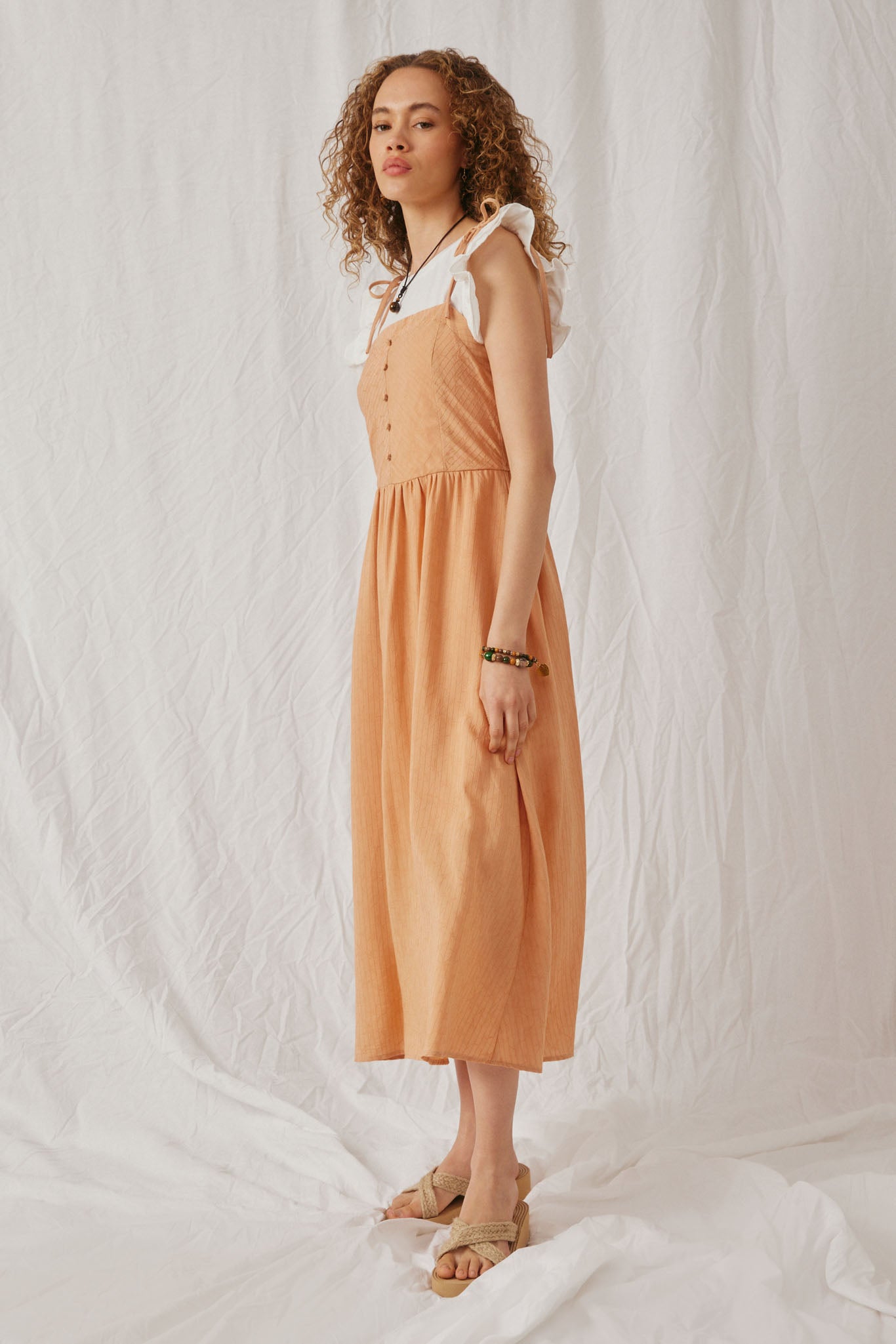 HK1075 Orange Womens Embroidered Texture Stripe Tie Shoulder Dress Side