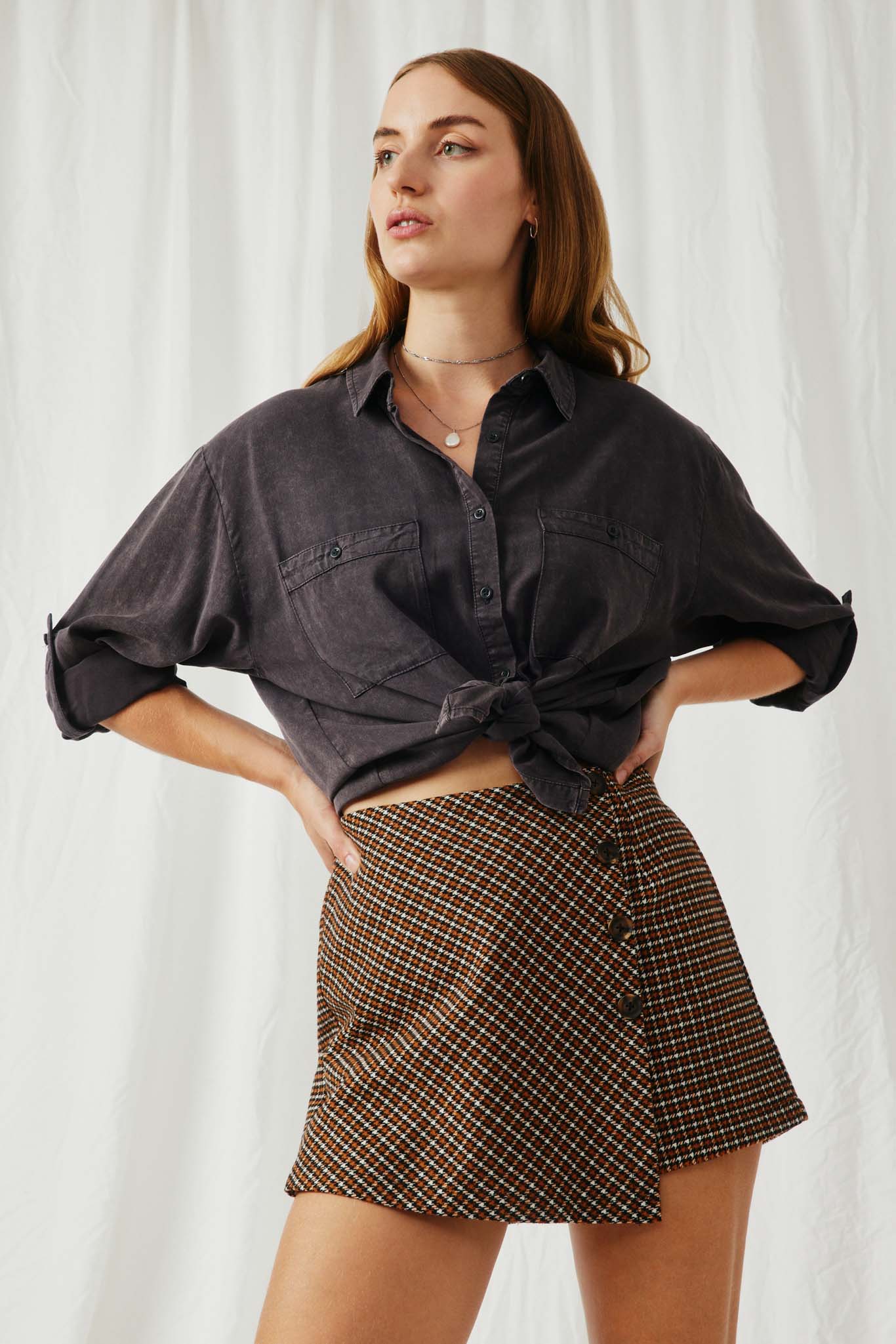 HK1191 Charcoal Womens Garment Dyed Tencel Button Up Shirt Front