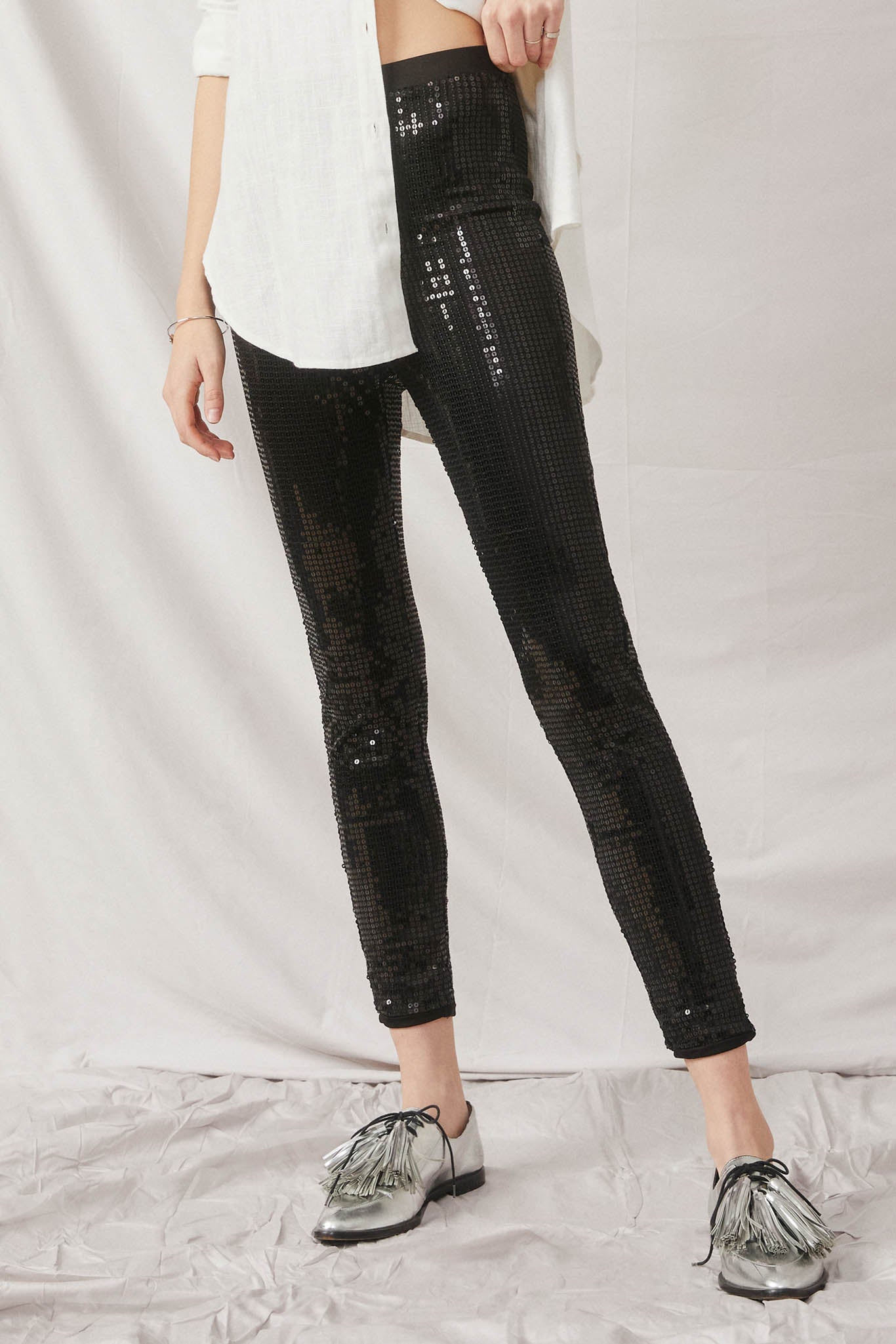 HK1351 Black Womens Sequin Stretch Leggings Front