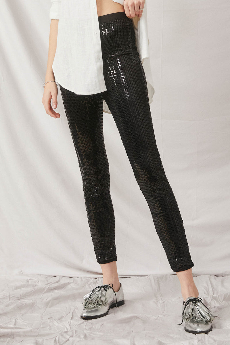 HK1351 Black Womens Sequin Stretch Leggings Front