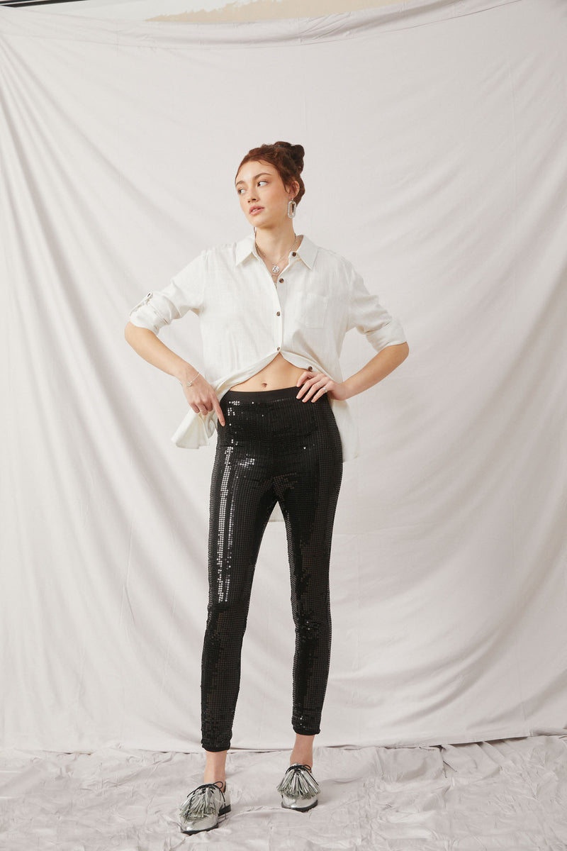 HK1351 Black Womens Sequin Stretch Leggings Full Body