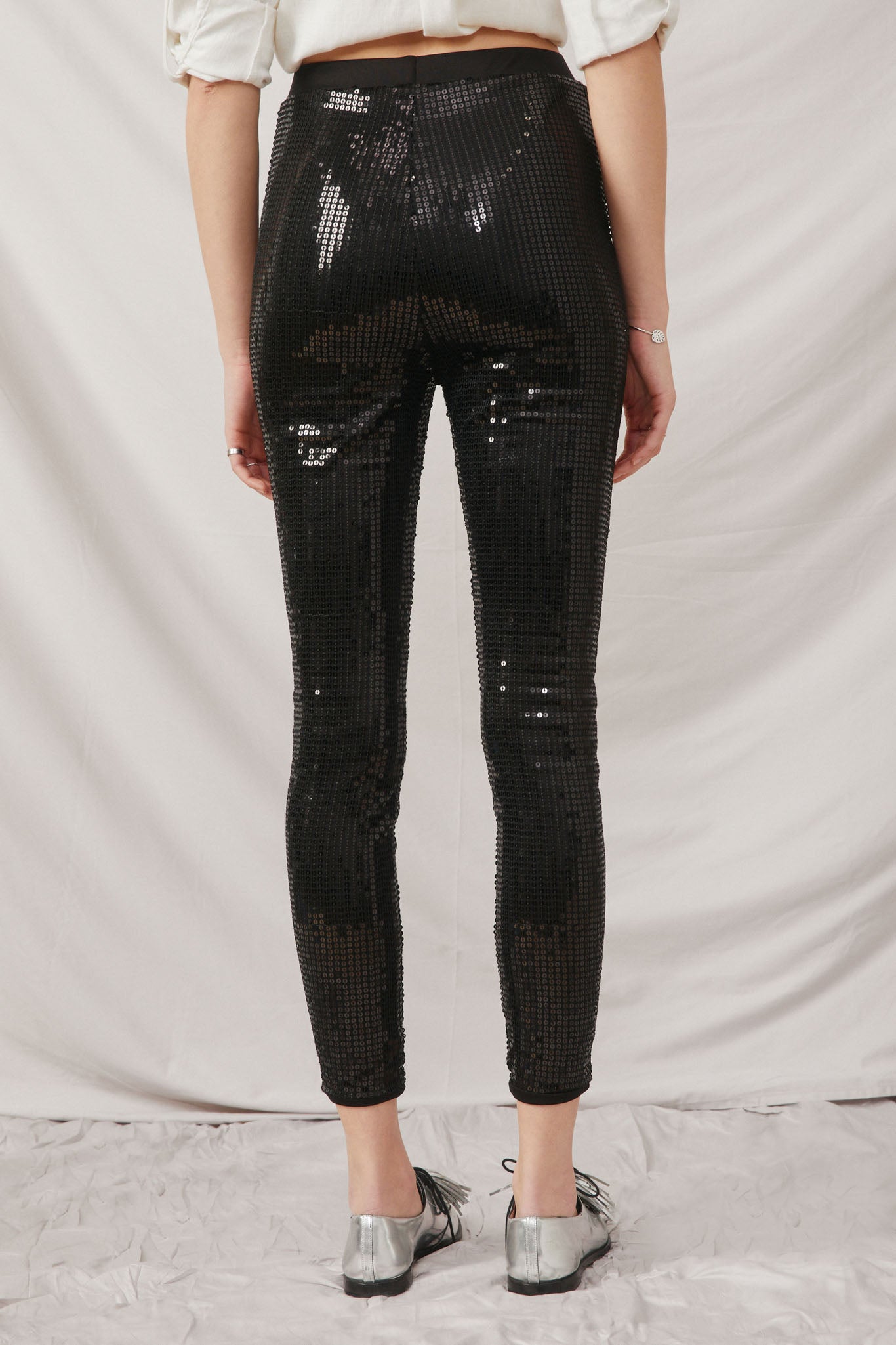 HK1351 Black Womens Sequin Stretch Leggings Pose