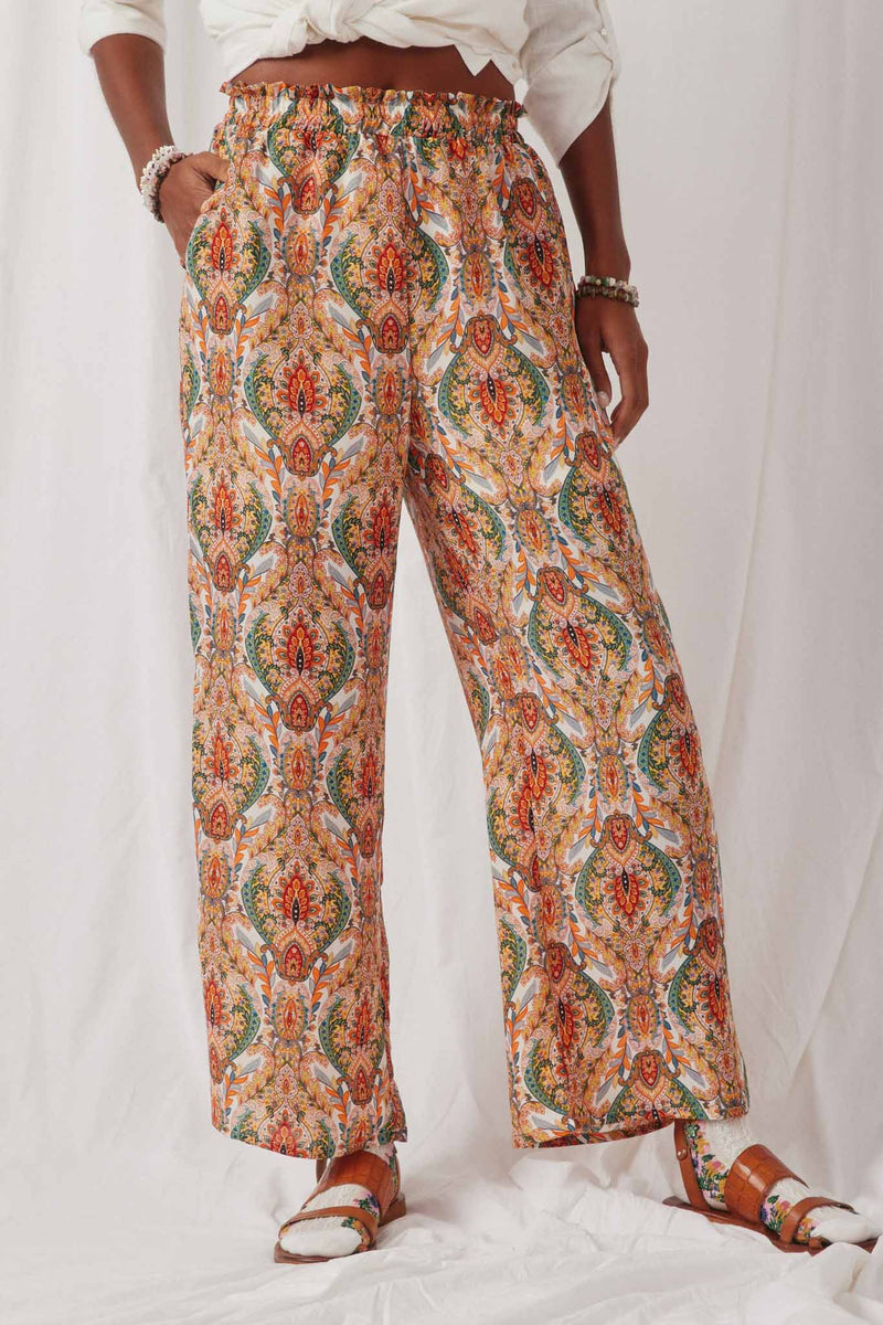HK1595 Orange Mix Women Smock Waist Paisley Print Wide leg Pants Front