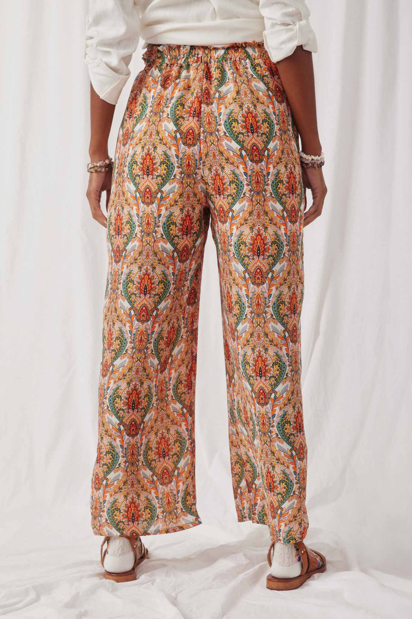 HK1595 Orange Mix Women Smock Waist Paisley Print Wide leg Pants Back
